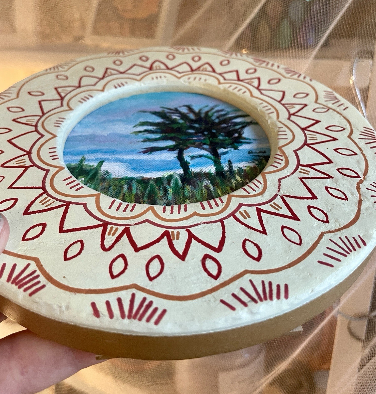California Cypress Tree Painting Framed Round Coastal Landscape Wall Art