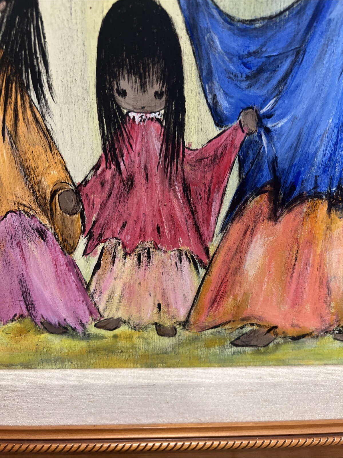 Rare Original Painting Signed By Lori Large Yellow Umbrella 3 Girls