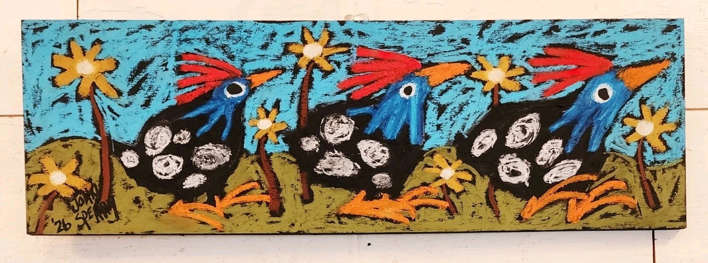 John Sperry Outsider Southern Primitive bird Folk Art Guinea Hens Painting Bird