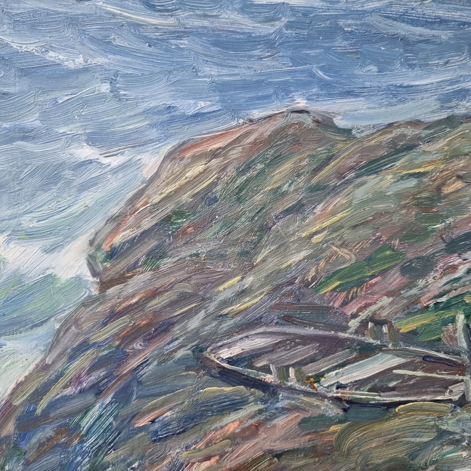 Gunnar Nerlund, Boat, coastal landscape, Oil on cardboard, Vätterstranden ,60s