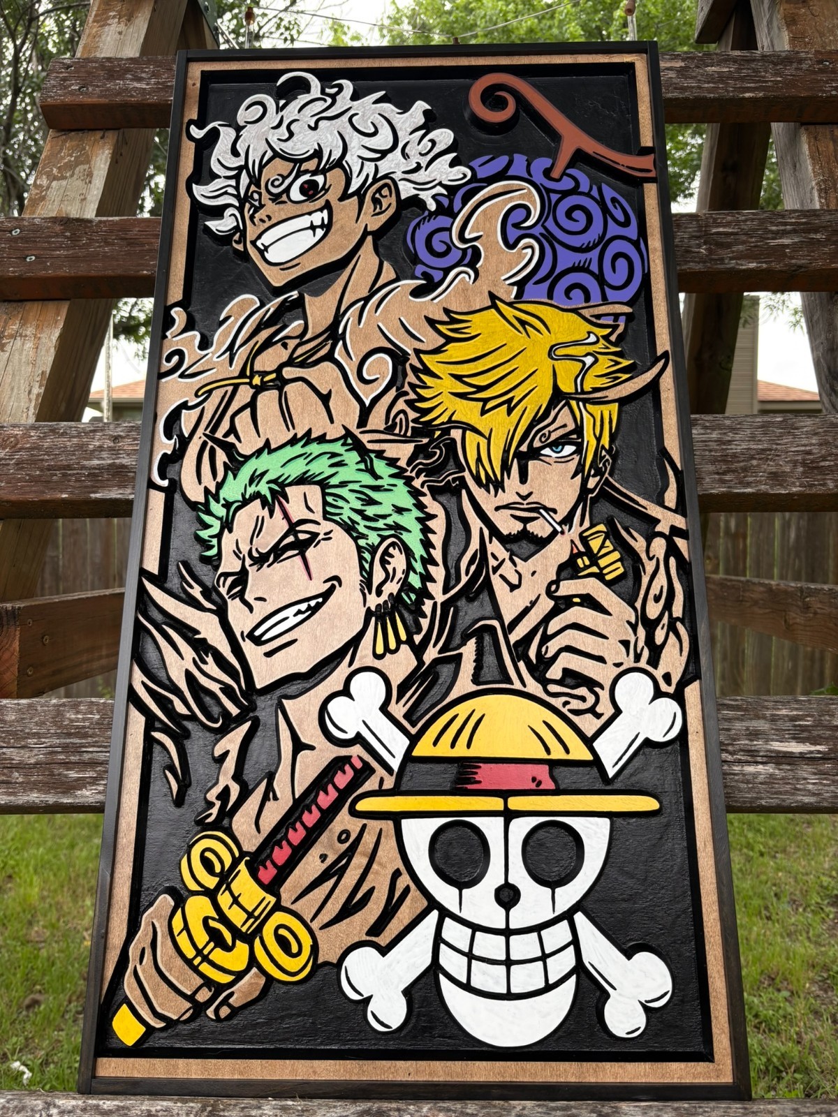 One Piece, Monkey D. Luffy, Zoro, Sanji, Anime Art, Wood Art, 3D anime. Luffy.