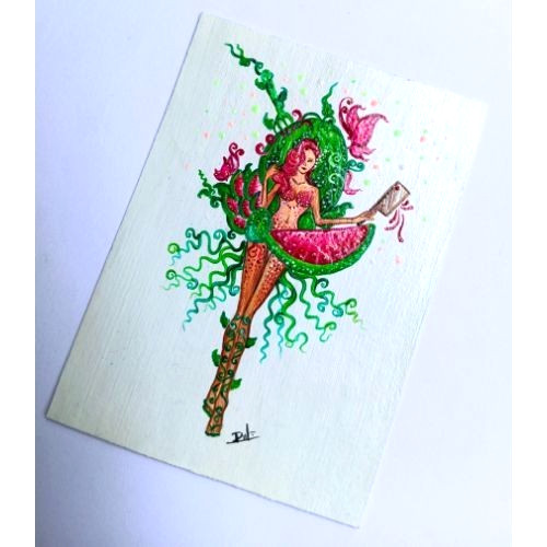 ACEO Original Abstract Fruit Lady UV Radiant Acrylic Pop Art Hand Paint NEW OOAK