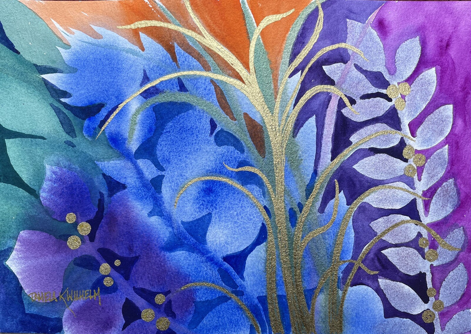 7X10” Original Pamela Wilhelm Whimsical Watercolor Gold-ink Tropical Floral