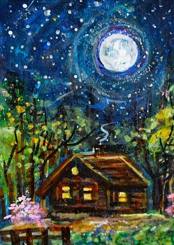 ACEO Original PAINTING Spring TREE Night Sky Moon CABIN Nature Landscape ATC ART