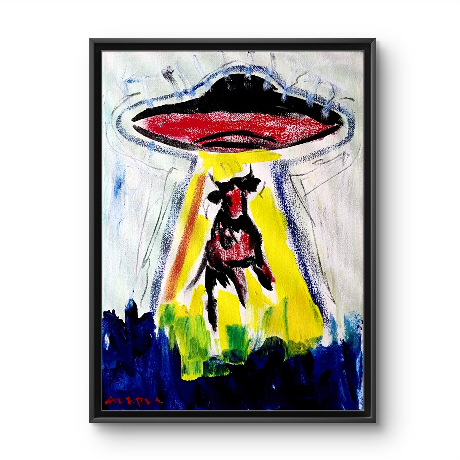 Aleph Original Art Alien Ufo Cow 9 x 12 Basquiat Style Graffiti Abstract Canvas