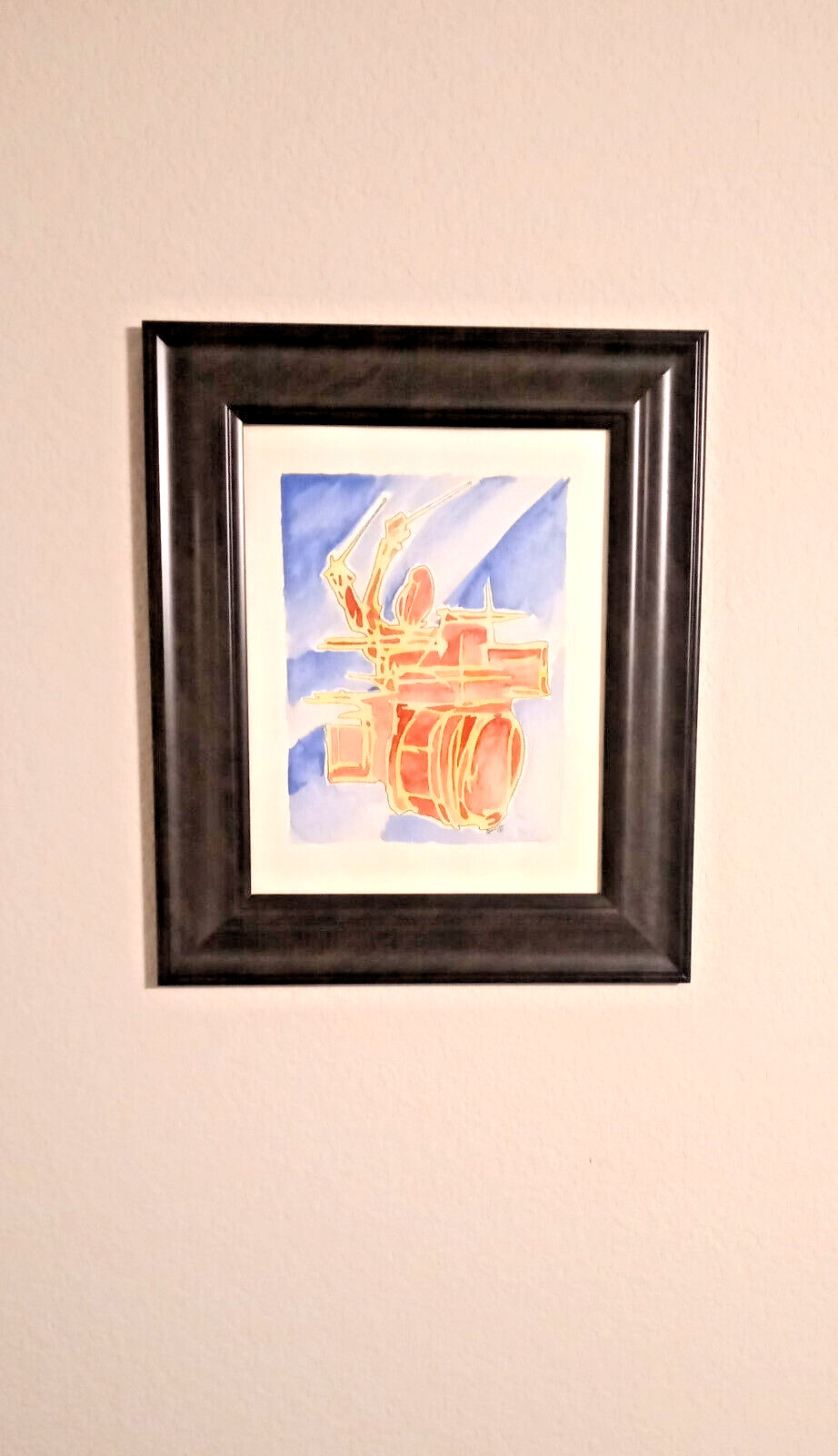 Drummer vintage watercolor painting original artwork primary color