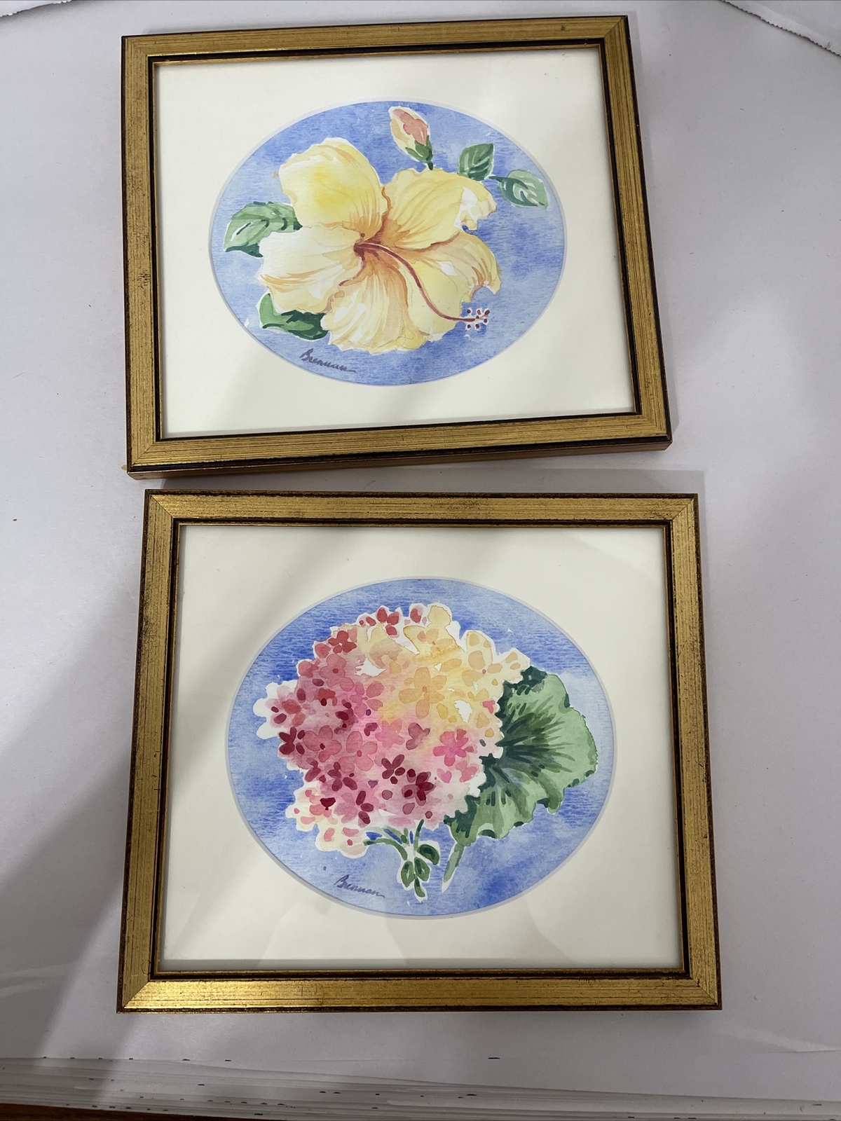 Brennan Floral Paintings Hydrangea Hibiscus Watercolor Framed 8×7.5” Set Of 2