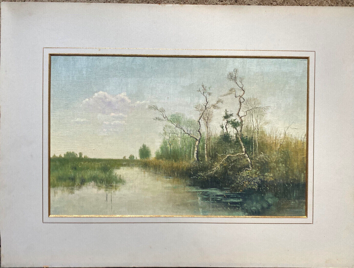 Pastellgemälde Romantic River Landscape At Forest With Birch Reed