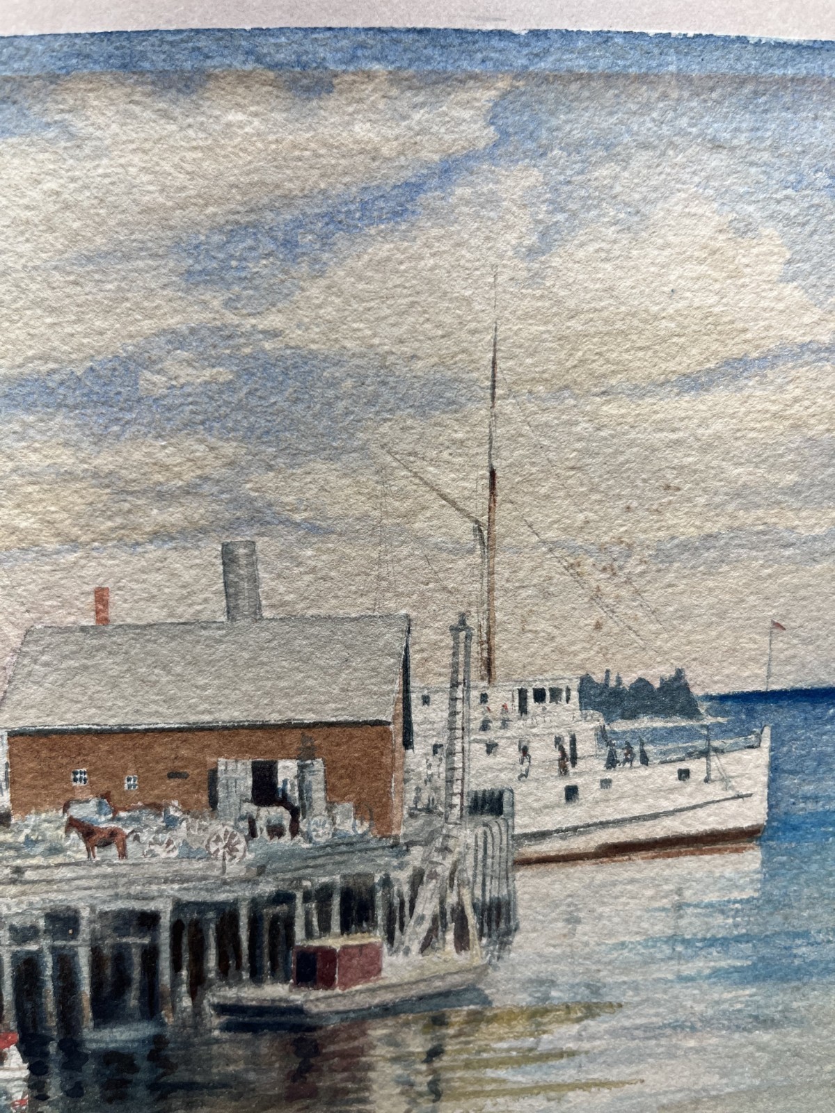 ALBERT GRAVES DATED 1891 MASSACHUSETTS HARBOR STEAMBOAT HORSES ANTIQUE PAINTING
