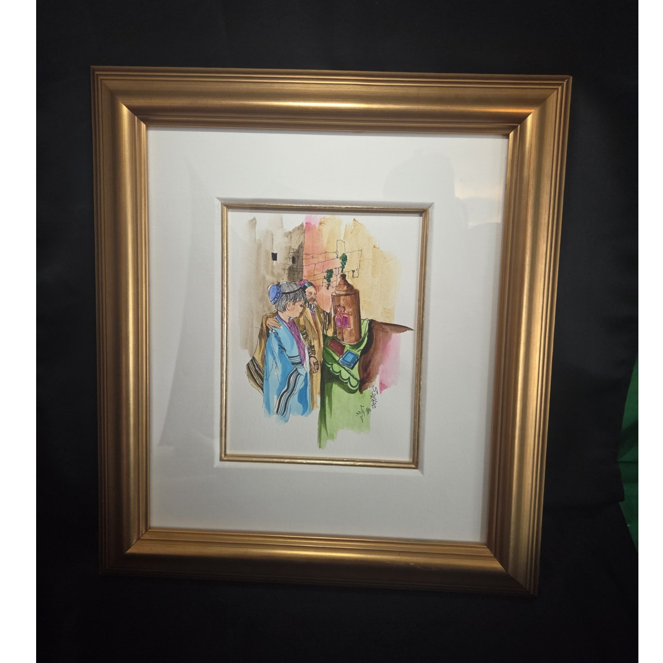 Framed Matted Signed Figures Painting on Paper, Illustration Art Portrait