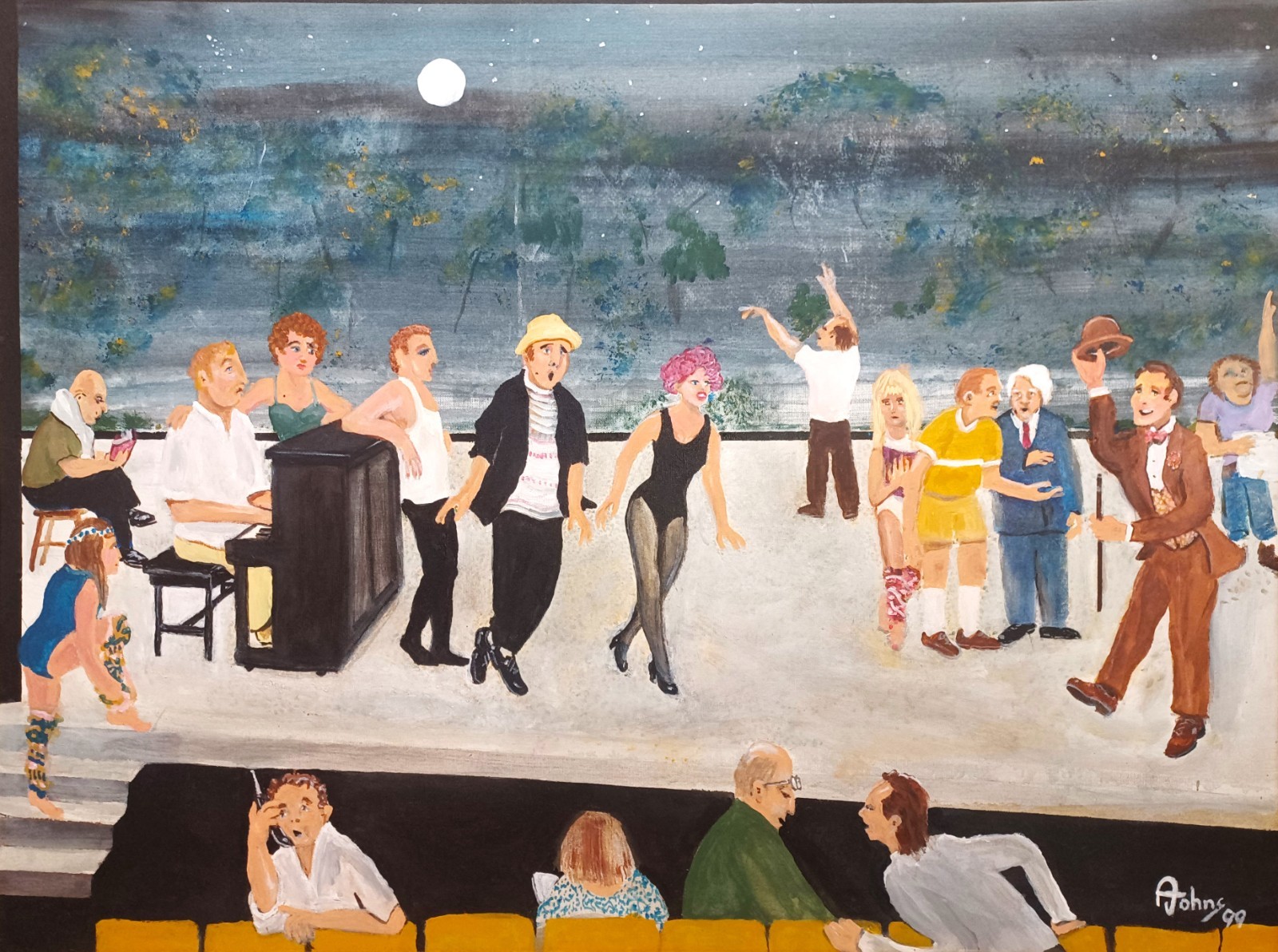 1999 AMERICAN ANDREW JOHNS SIGNED ORIG OIL on CANVAS BROADWAY ACTORS REHEARSAL