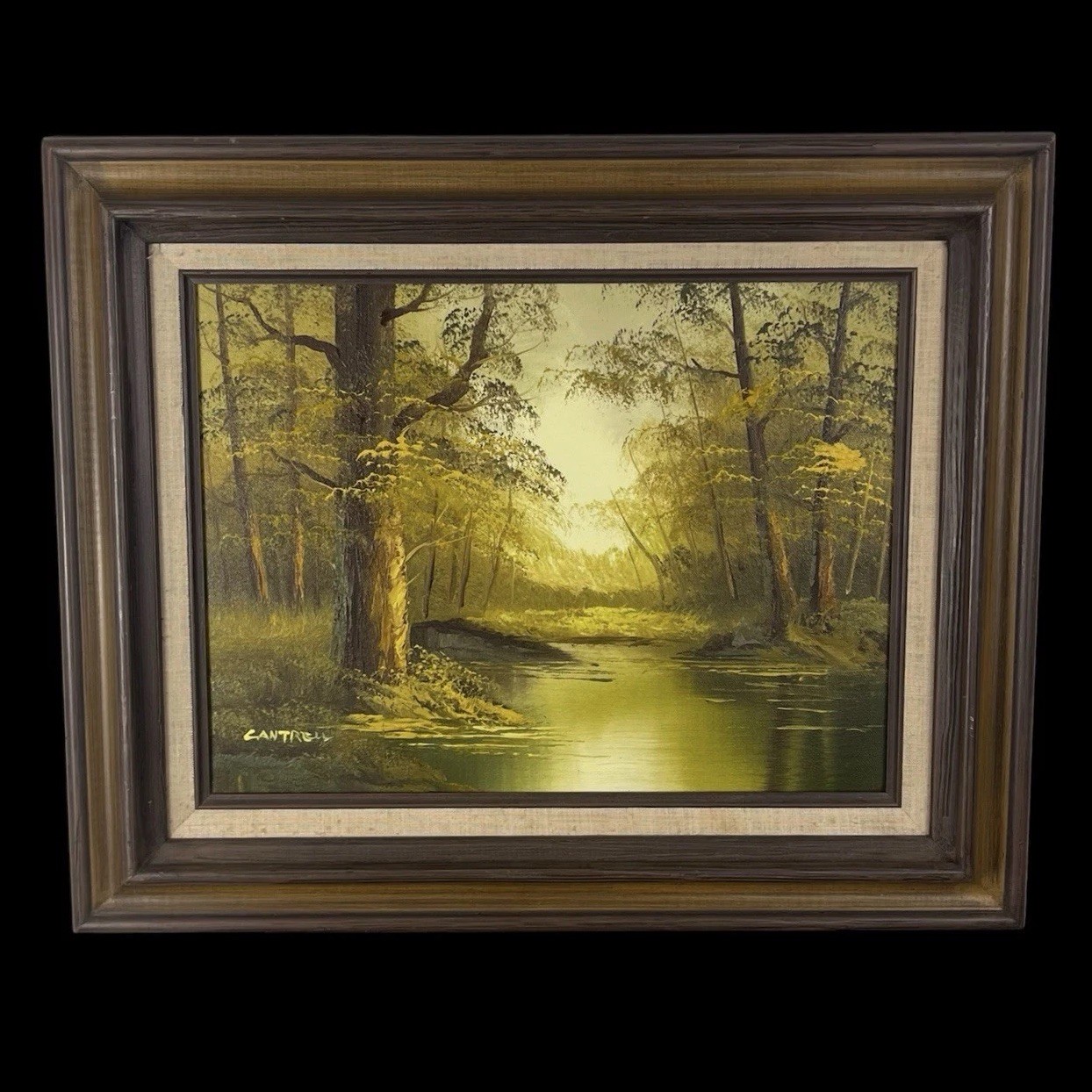 Phillip Cantrell SIGNED Landscape Trees Stream OIL Painting Framed 18×22 Vintage