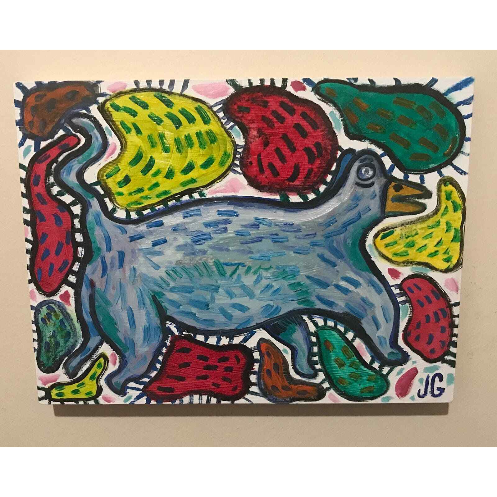 9×12” Original Outsider Painting on Wood Panel | Strange, Funky, Cryptid Animal
