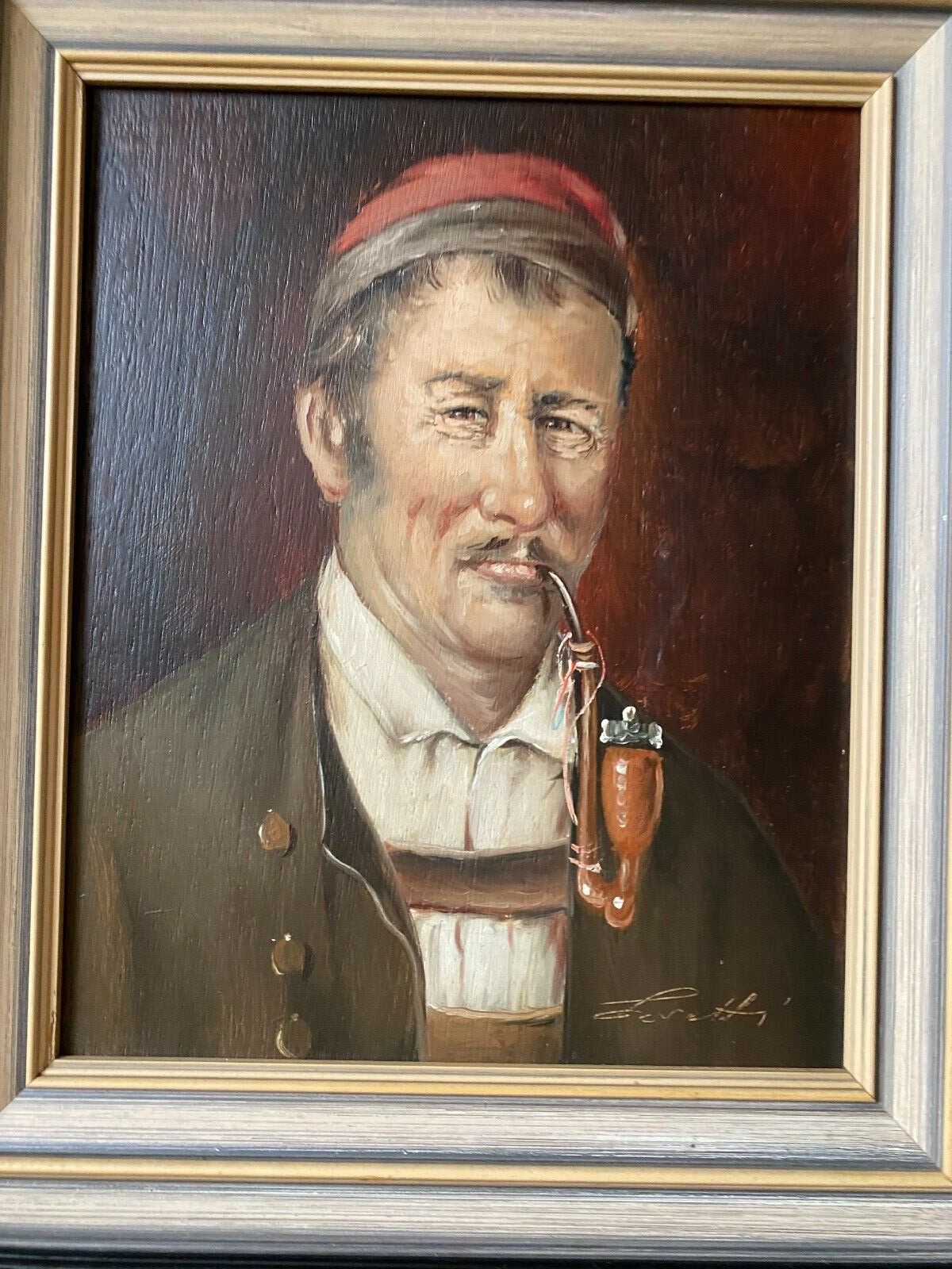 Portrait Pipe Smoker Antique Frame Signed – Loretta around 1940 Costume Hat Oil
