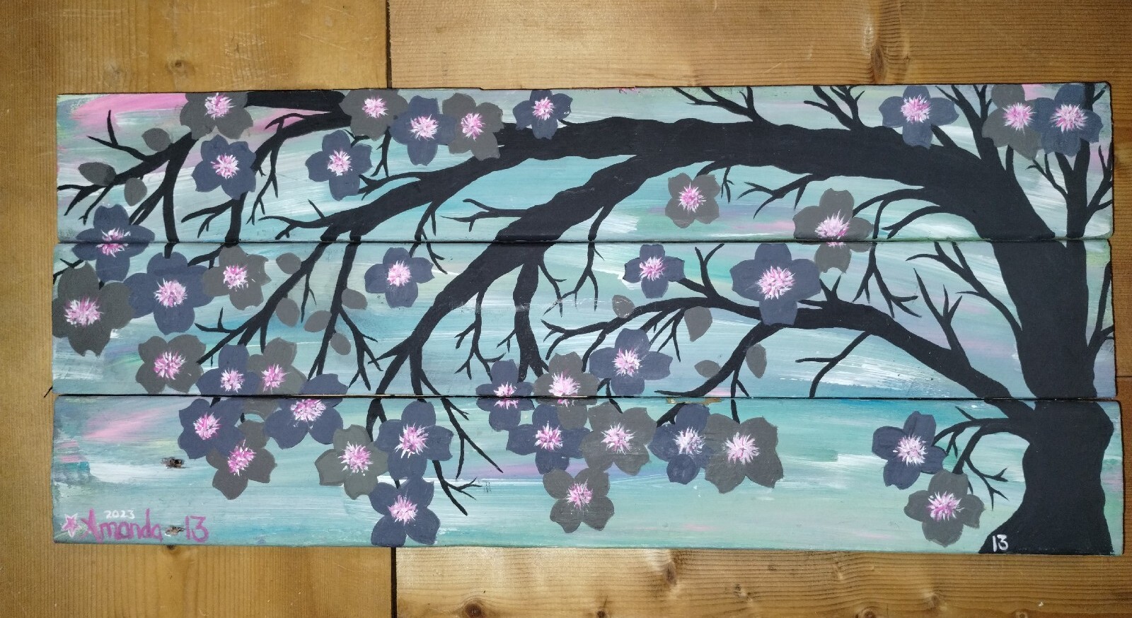 Acrylic Painting On Pallet Wood. I call it «Dark Blossoms»