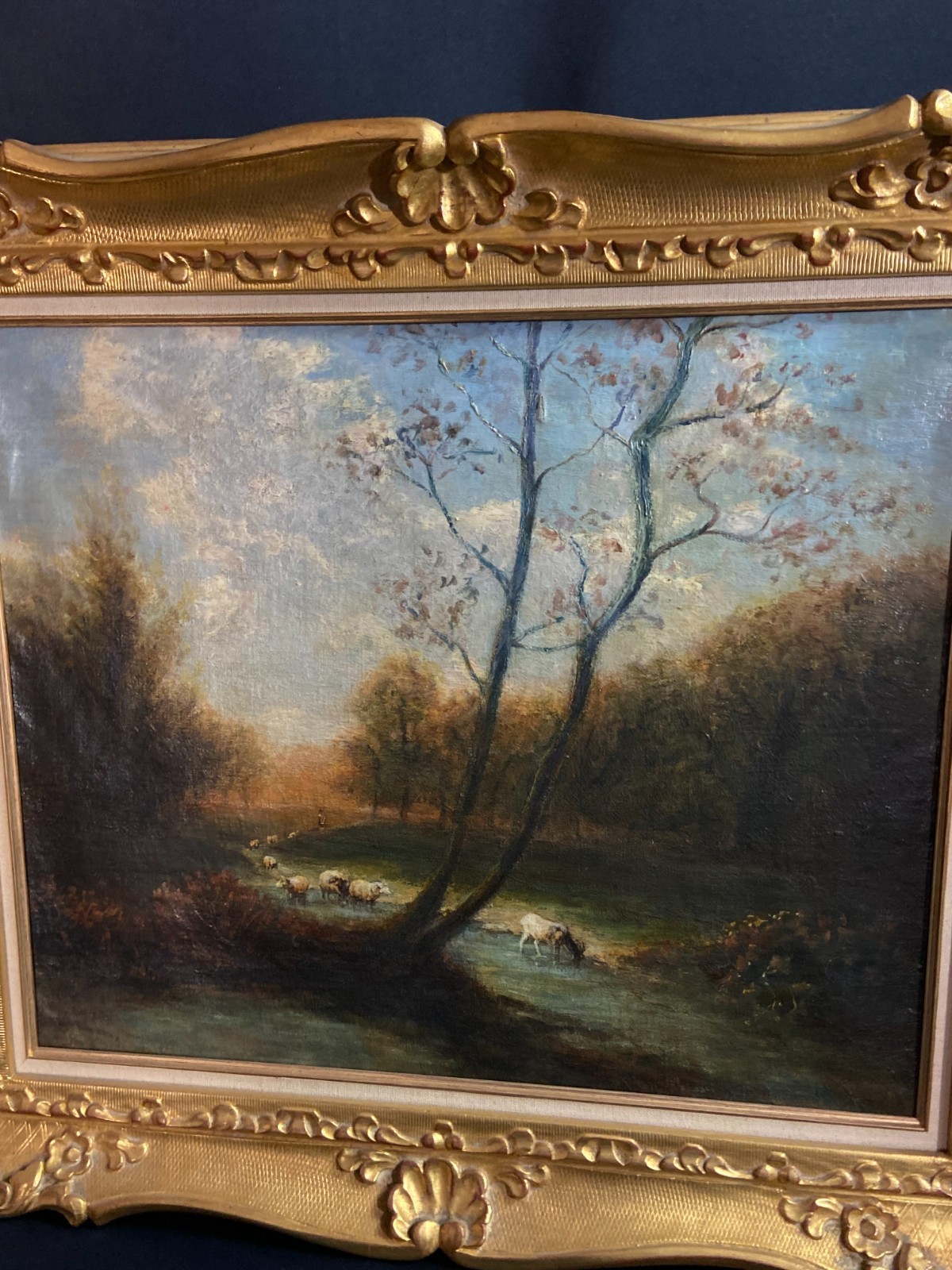 French School 19th Century Landscape Animated Shepherd & Sheep Herd Oil Painting