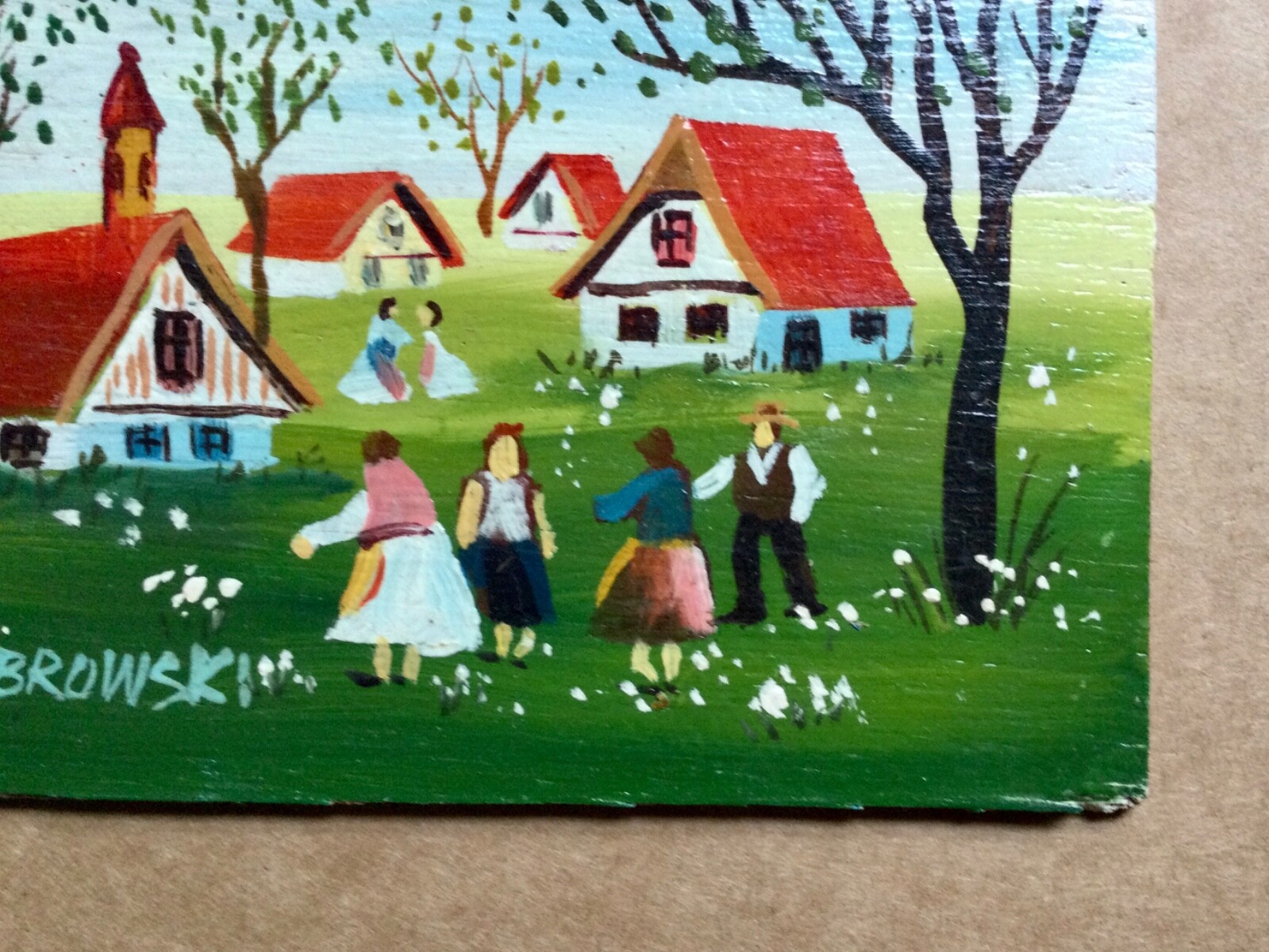 2 small primitive folk art paintings by Joanne Stalker & Dubrowski.