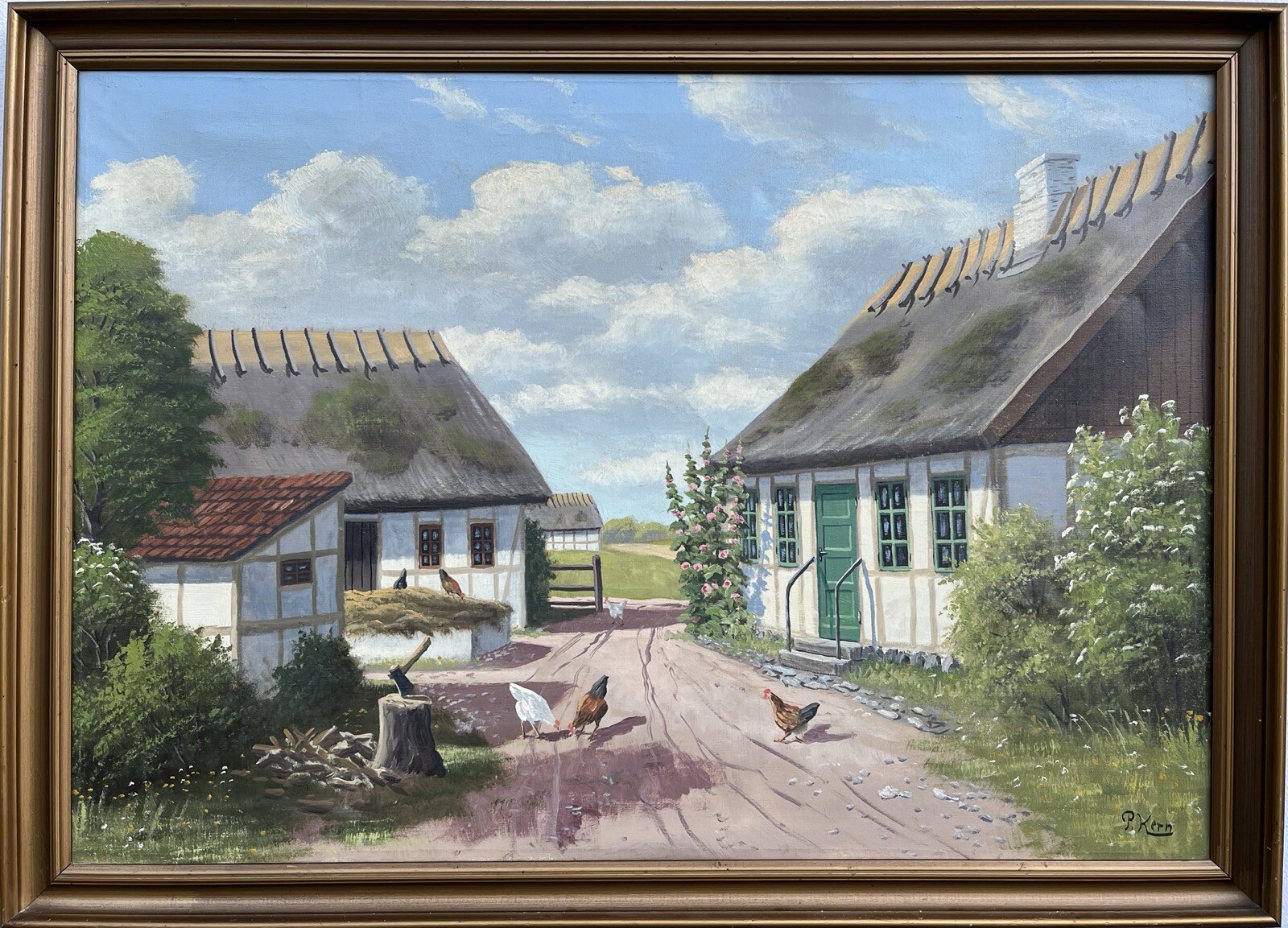 Impressionist Sunny Day In The Countryside Farm With Poultry Chickens Rooster