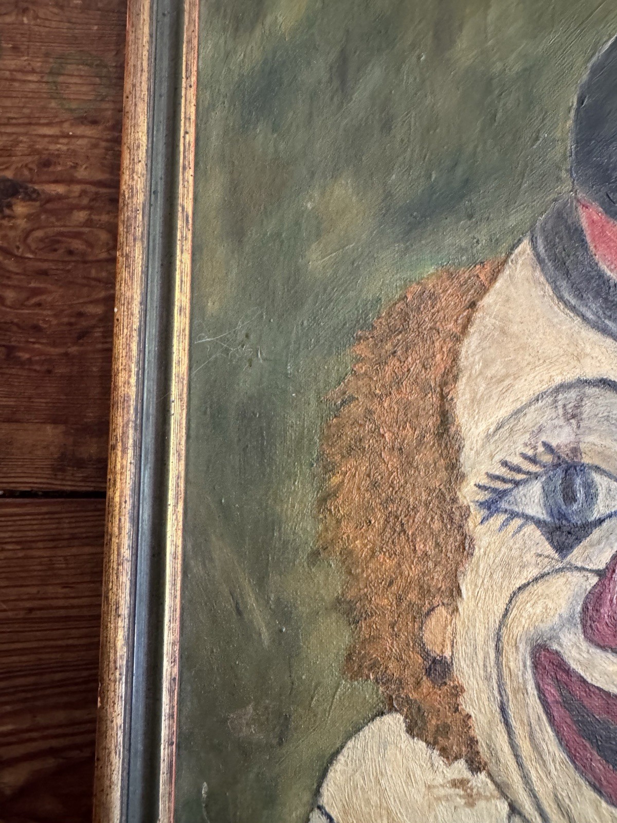 Vintage 1960’s Framed Oil on Canvas Painting – Creepy Clown – L. Jeshiva