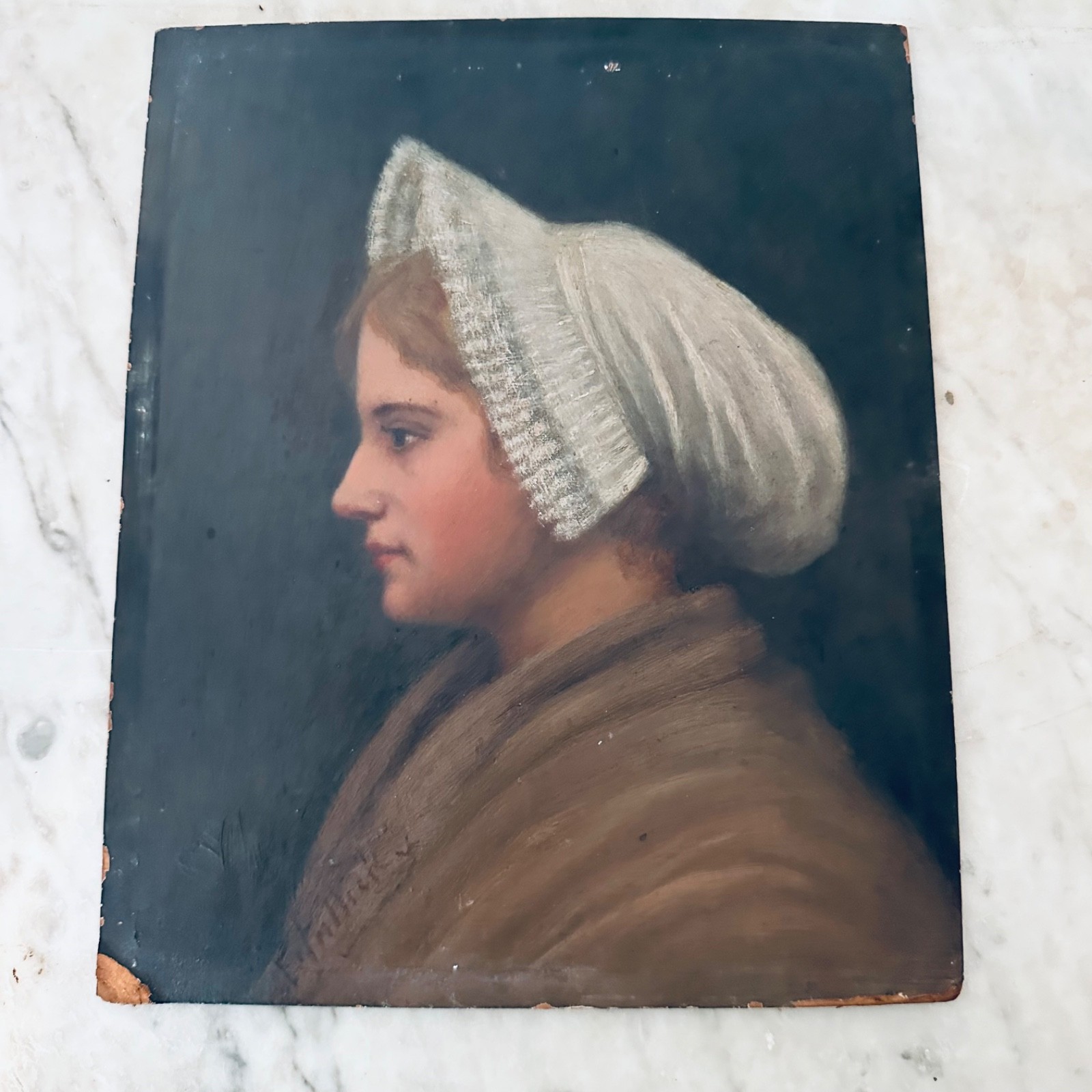 Antique 19thC Portrait Painting Woman in Bonnet E. Frilticky European Folk Art