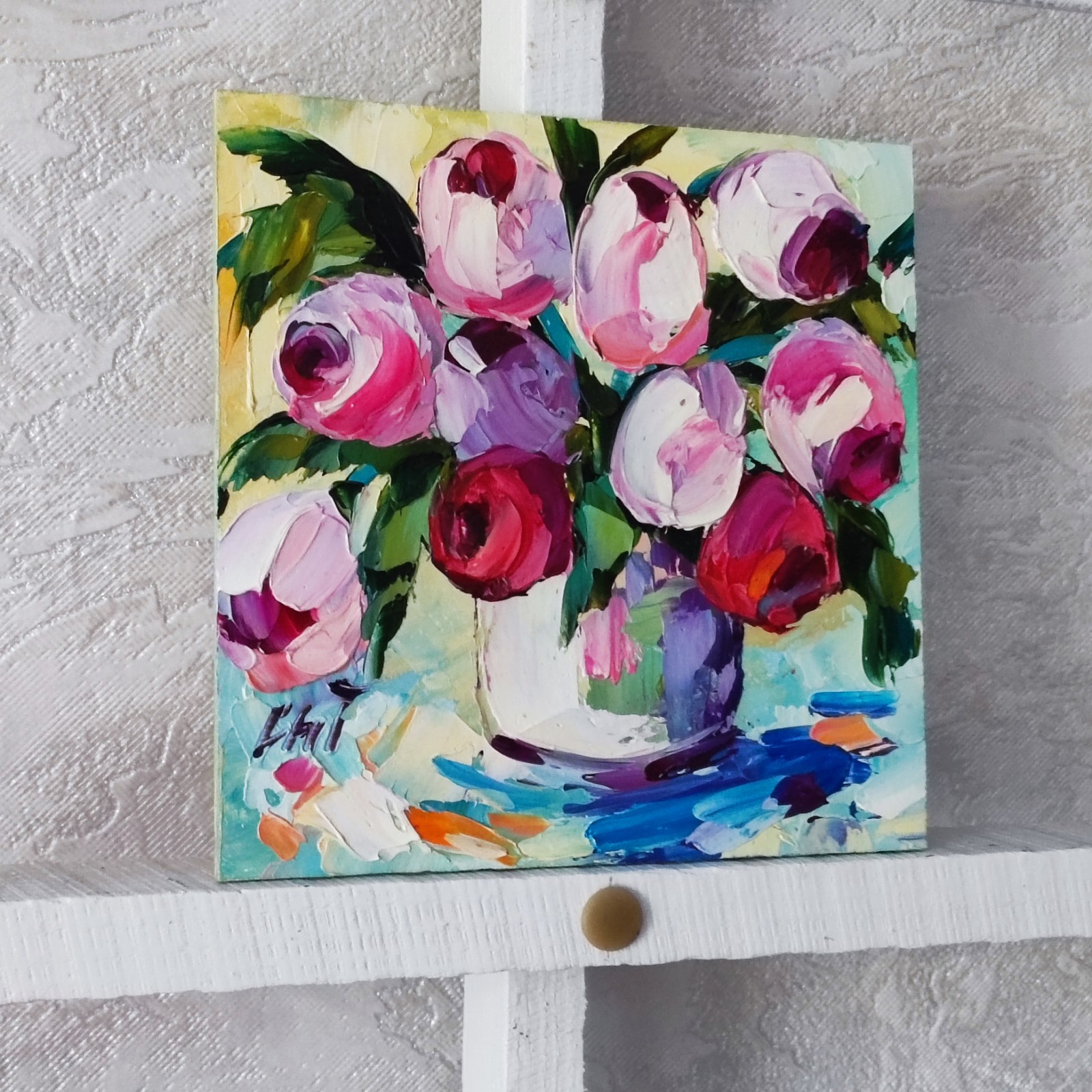 original oil painting Tulips Colorful Flowers artwork Floral wall art 6*6 in