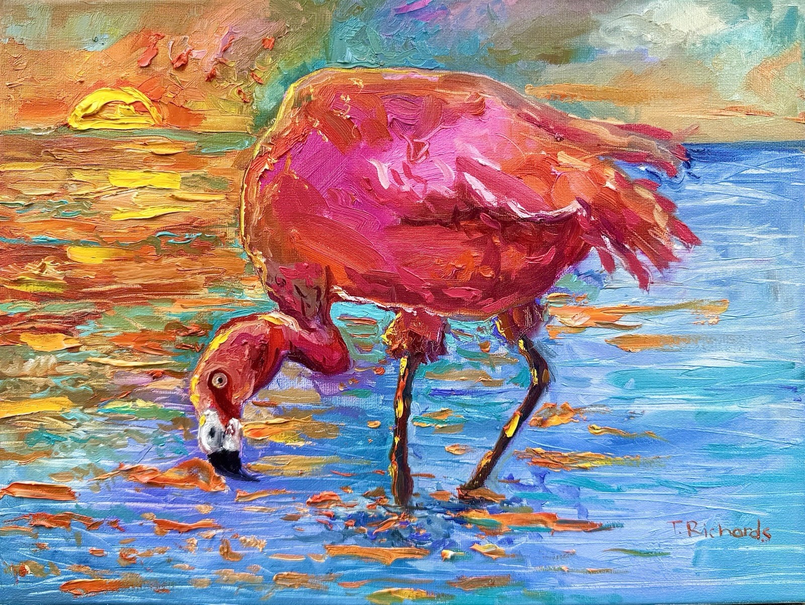 Oil painting ORIGINAL art Flamingo Sunset Ocean landscape Seascape Signed 12×16″