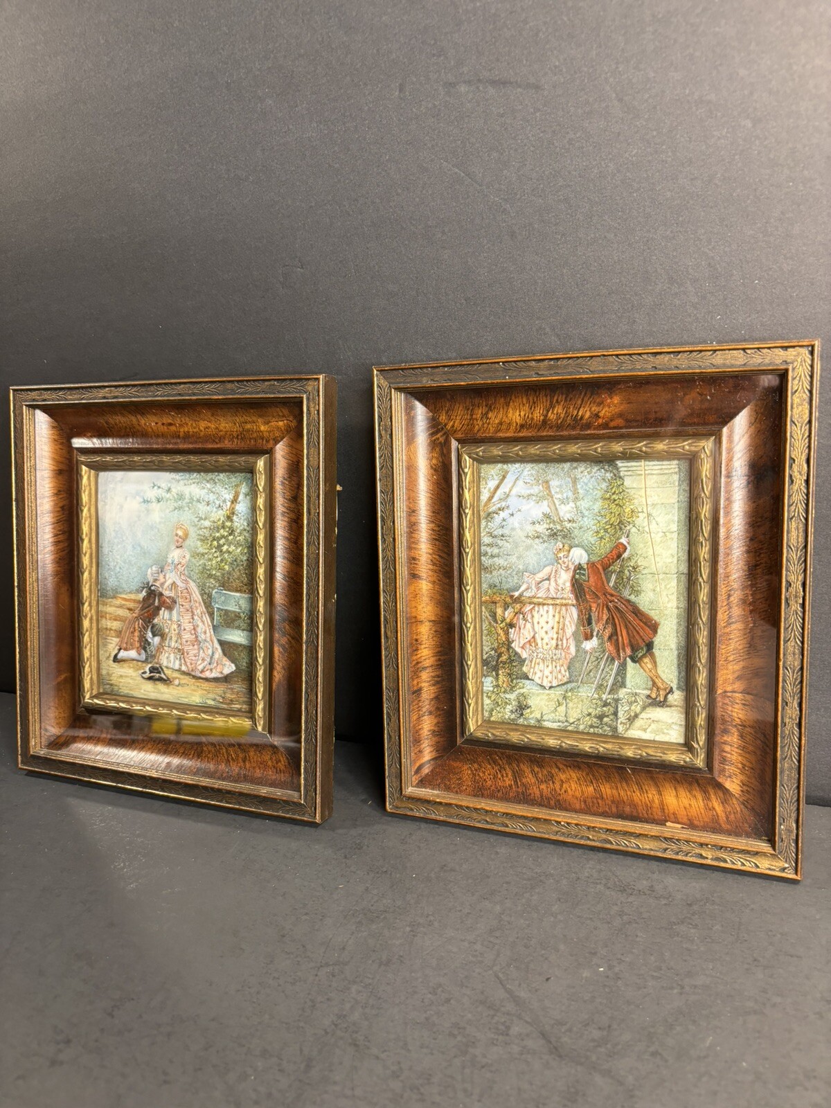 Pair Of Antique Hand Painted Miniature/Lovers/Signed/France 1900/Watercolor/Wolf