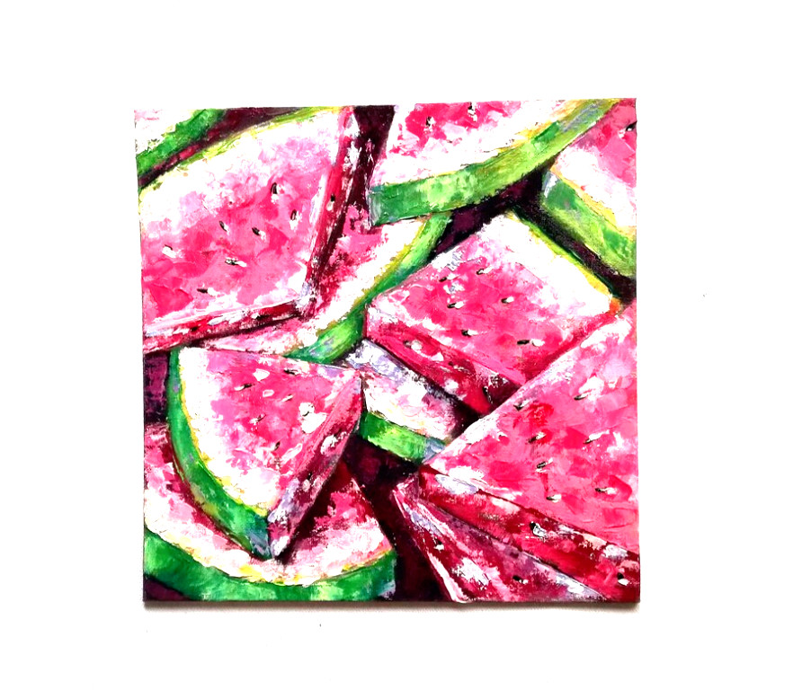 Watermelon Slice Still Life Oil Painting, Fruit Kitchen Spatula Technique 25x25cm