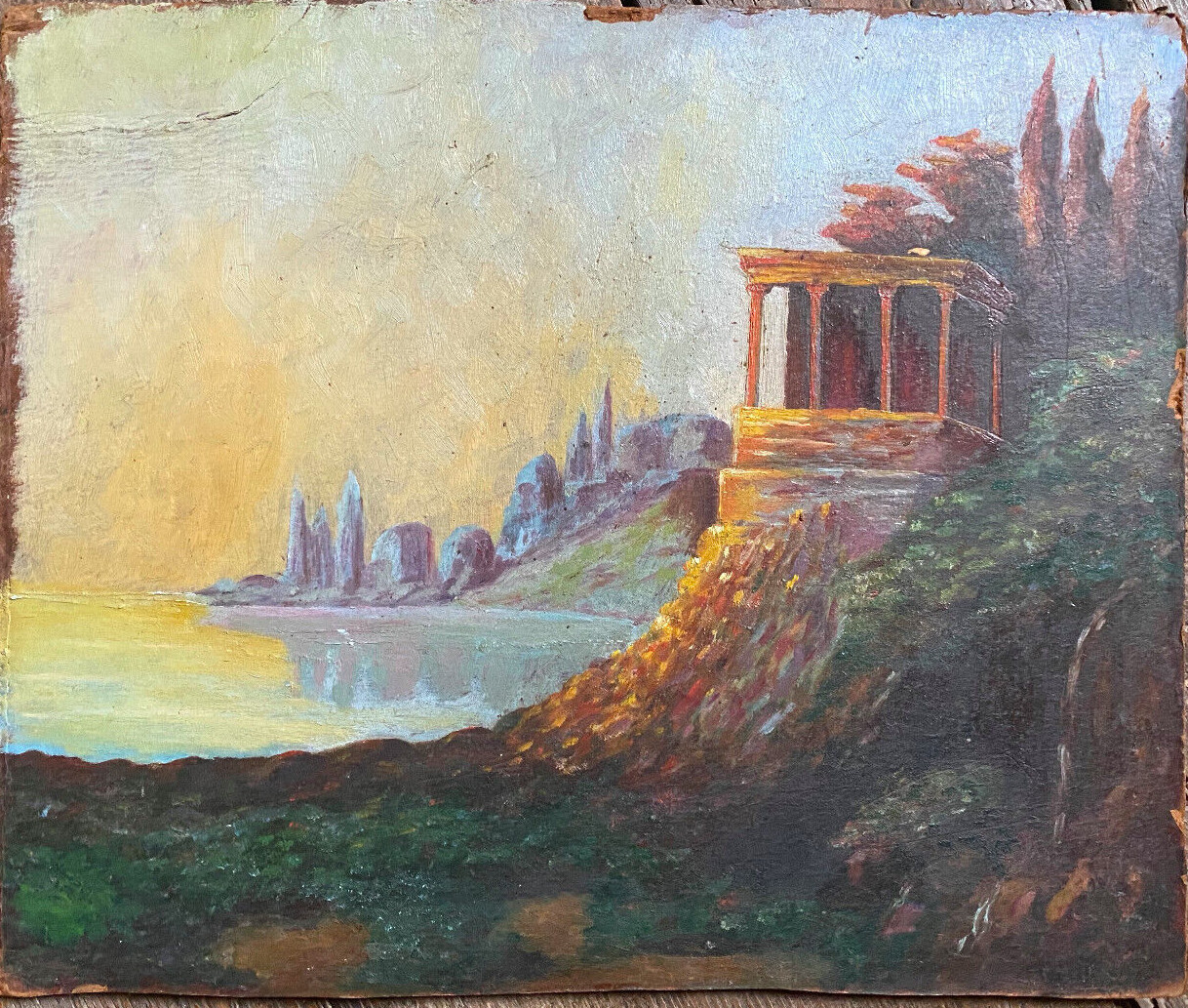 Oil painting view of pavilion on seaside at sunrise with rock formation