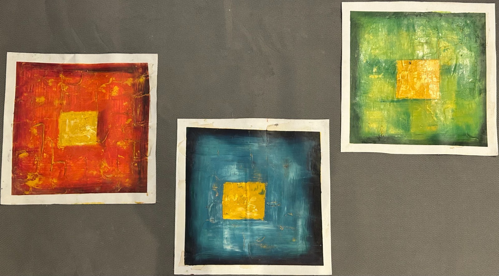 Hand-Painted Oil Paintings on Canvas Paper, Each 16×16. «Abstraction by Three»
