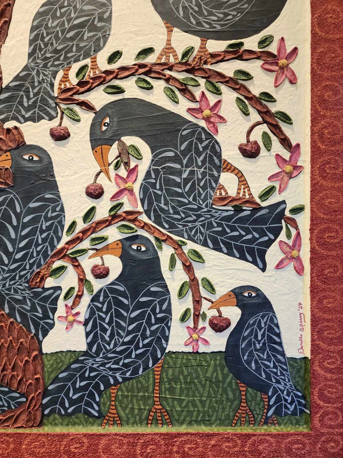 Danette Sperry Southern Primitive Crow Bird Folk Art Painting «Cherry Paradise «