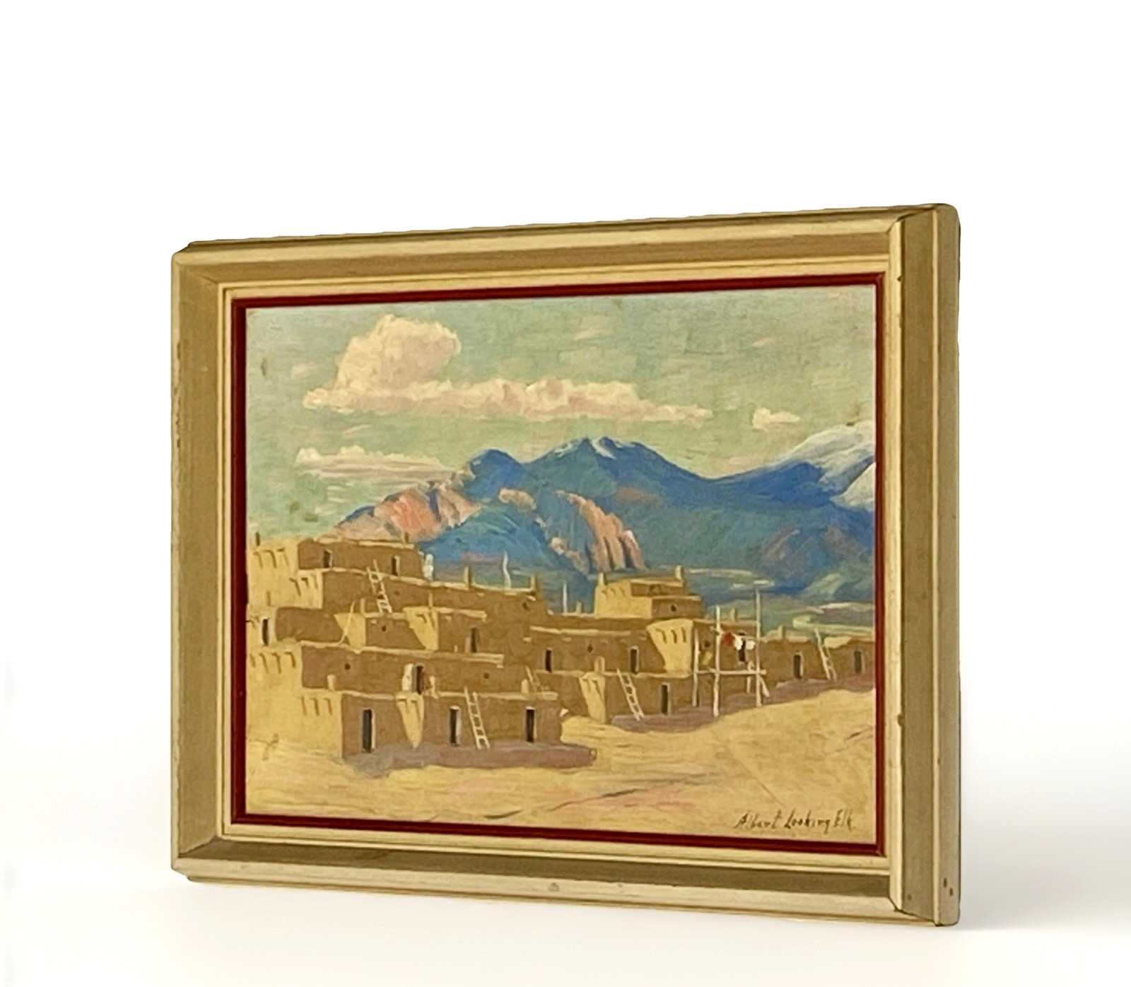 Orig Albert Looking Elk (Martinez) Oil Painting, Taos Pueblo, Framed 14″ x 10″