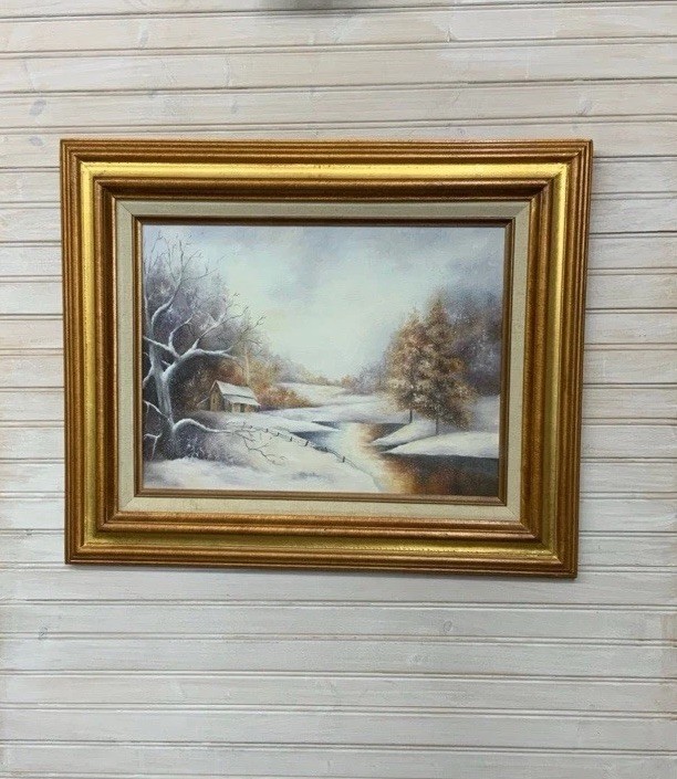 Original Oil on Canvas Painting of Winter Landscape in Vintage Wood/Linen Frame