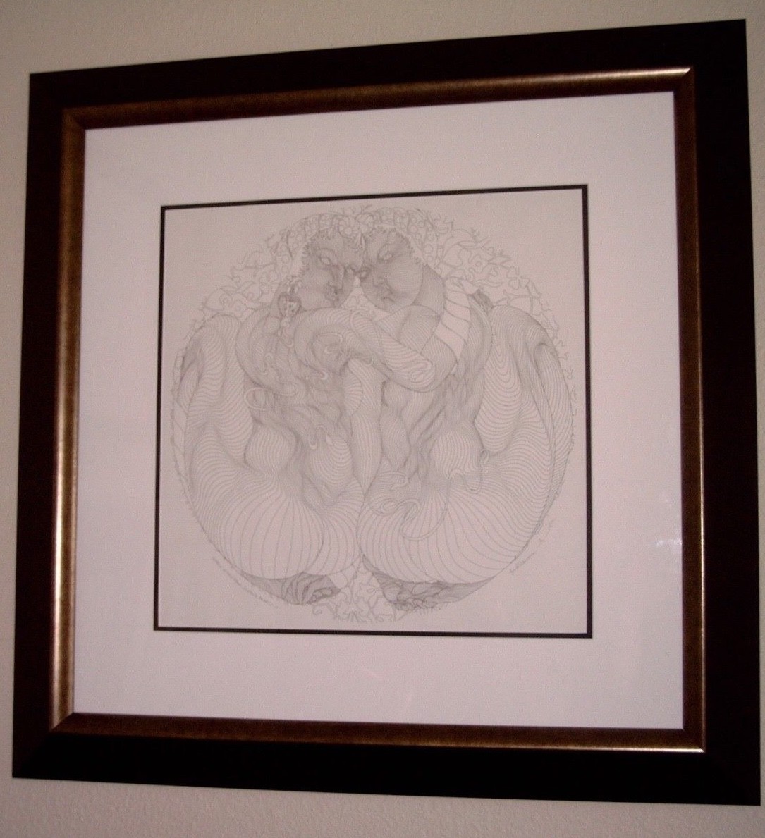 Azoulay, “Gemini” Original Ink and Pen Drawing 31X31 in Custom Frame