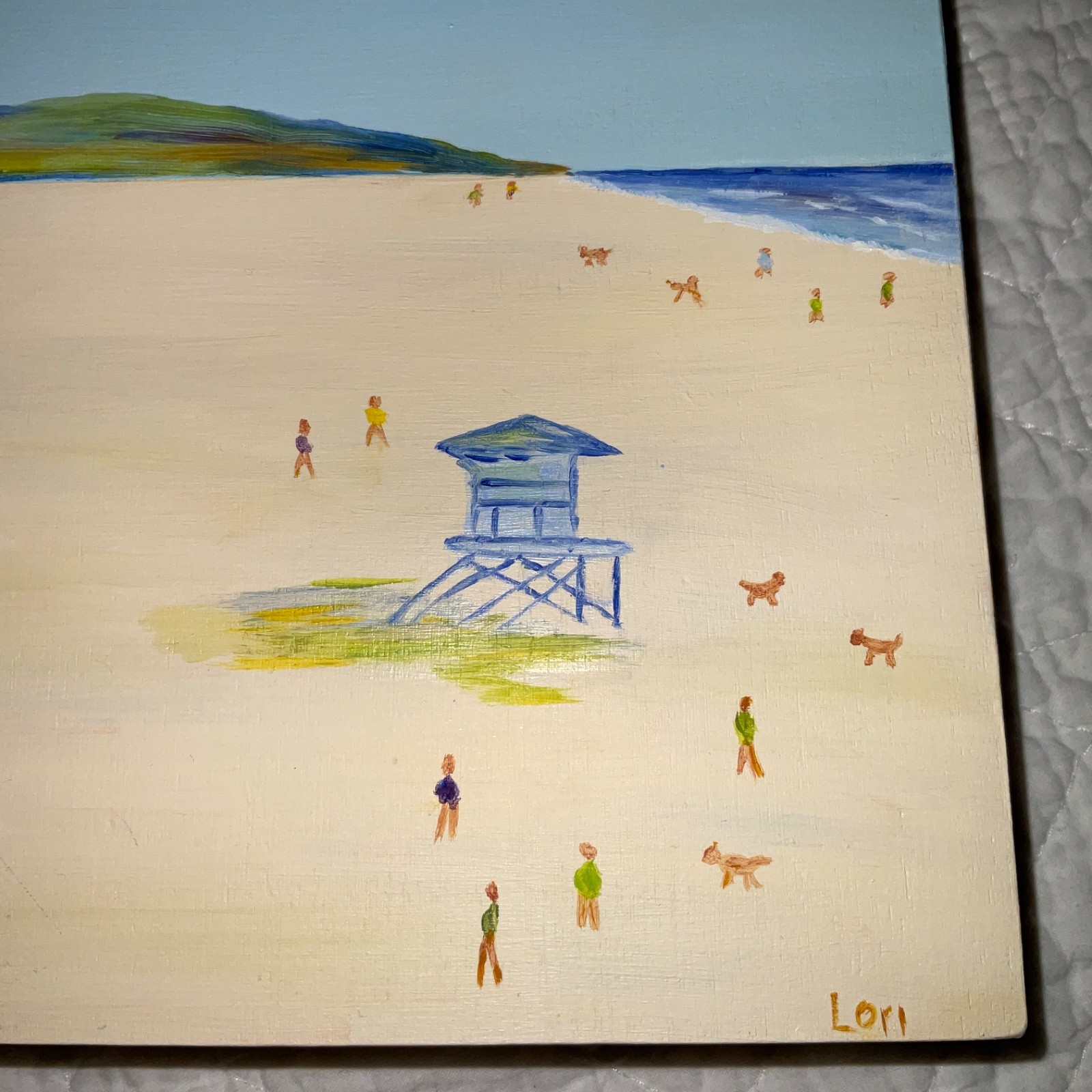 coast ocean Painting original beach tiny people life guard tower by Lori