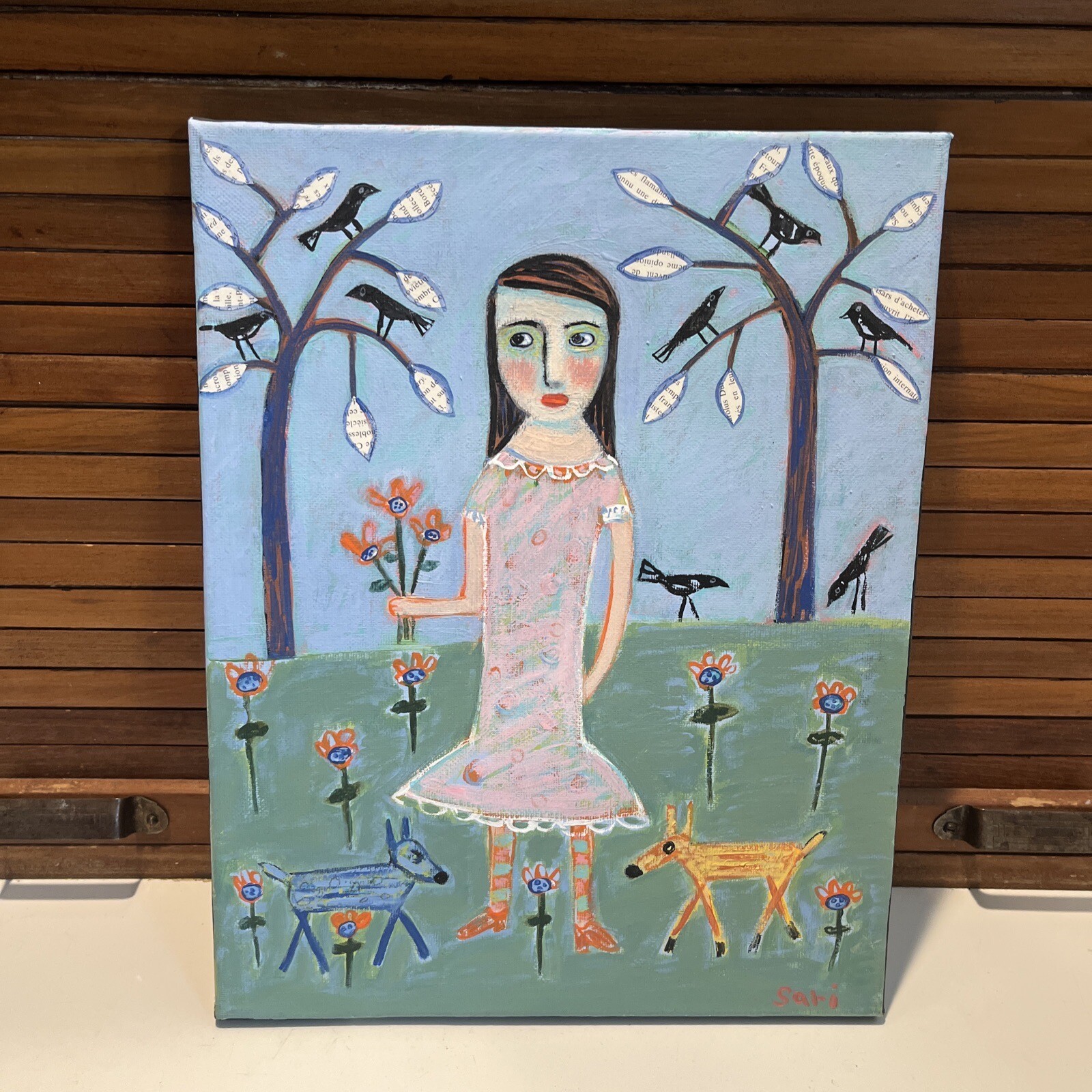Dogs, Birds & Flowers Israeli Art Sari Noy Azaria 2011 Painting Canvas 11 x 14