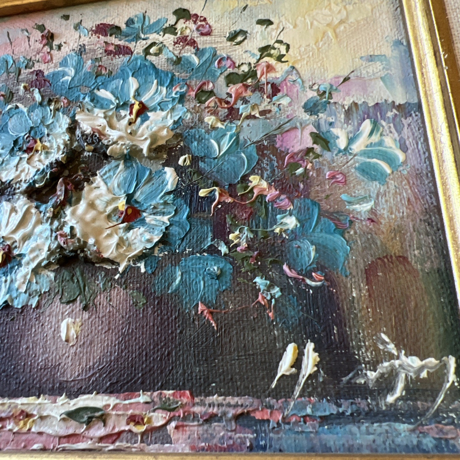 Blue Floral Impasto Oil Painting Ornate Gold Wood Frame Linen Liner 9×11