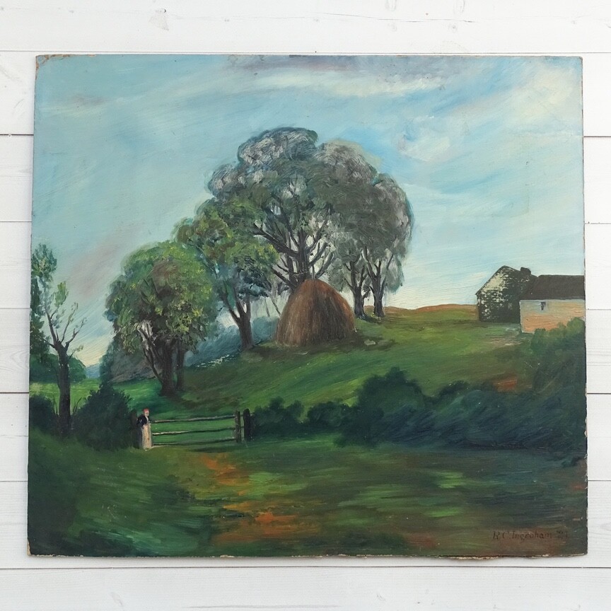 1921 Naive Folk Art Summer Landscape Oil Painting Signed R.C.Ingraham O/B 13×12