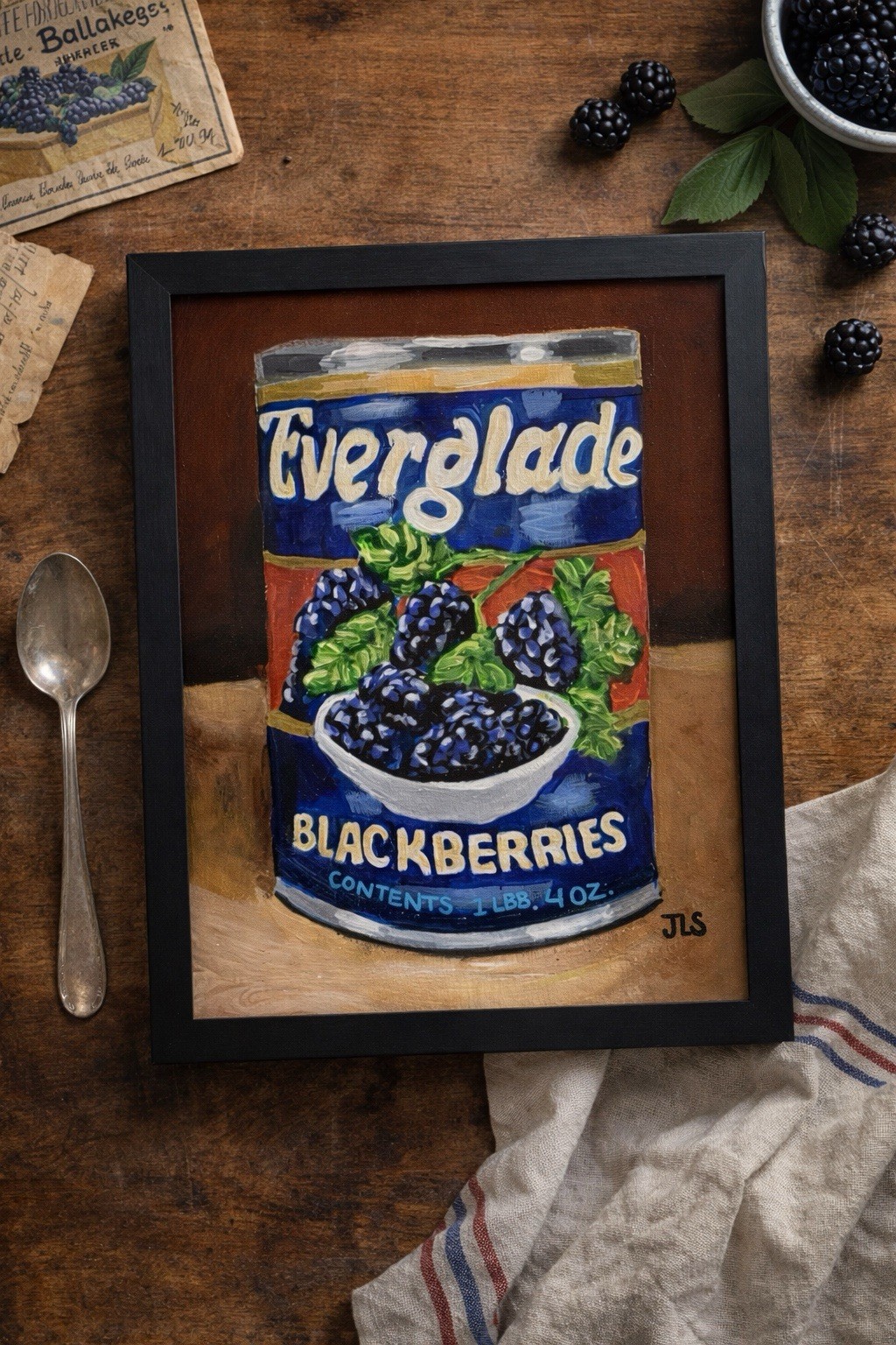 Vintage Blackberry Can Still Life Painting 8×10 Framed Acrylic