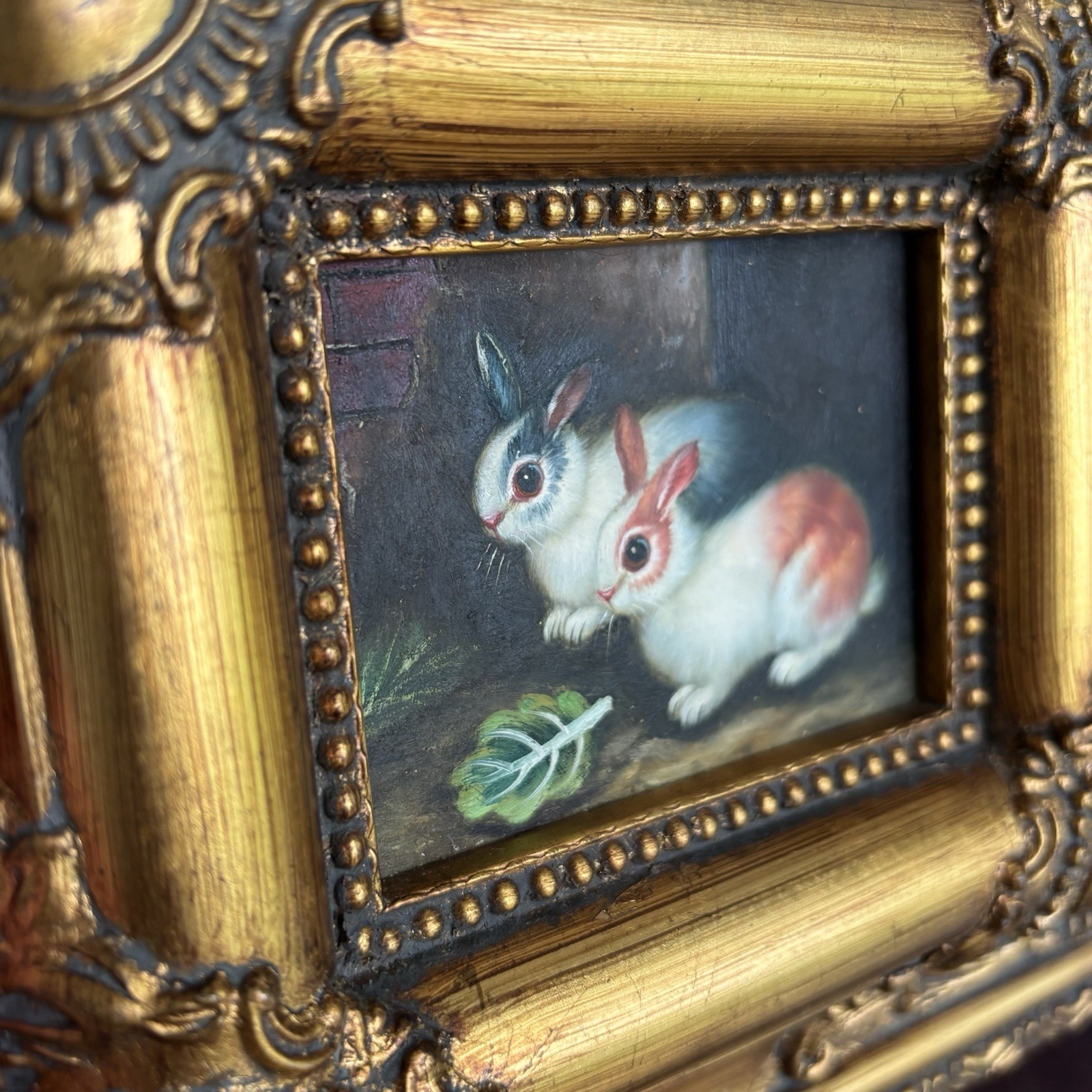 Vintage Bunny Rabbit Painting Gold Frame Ornate French Country Style Florentine