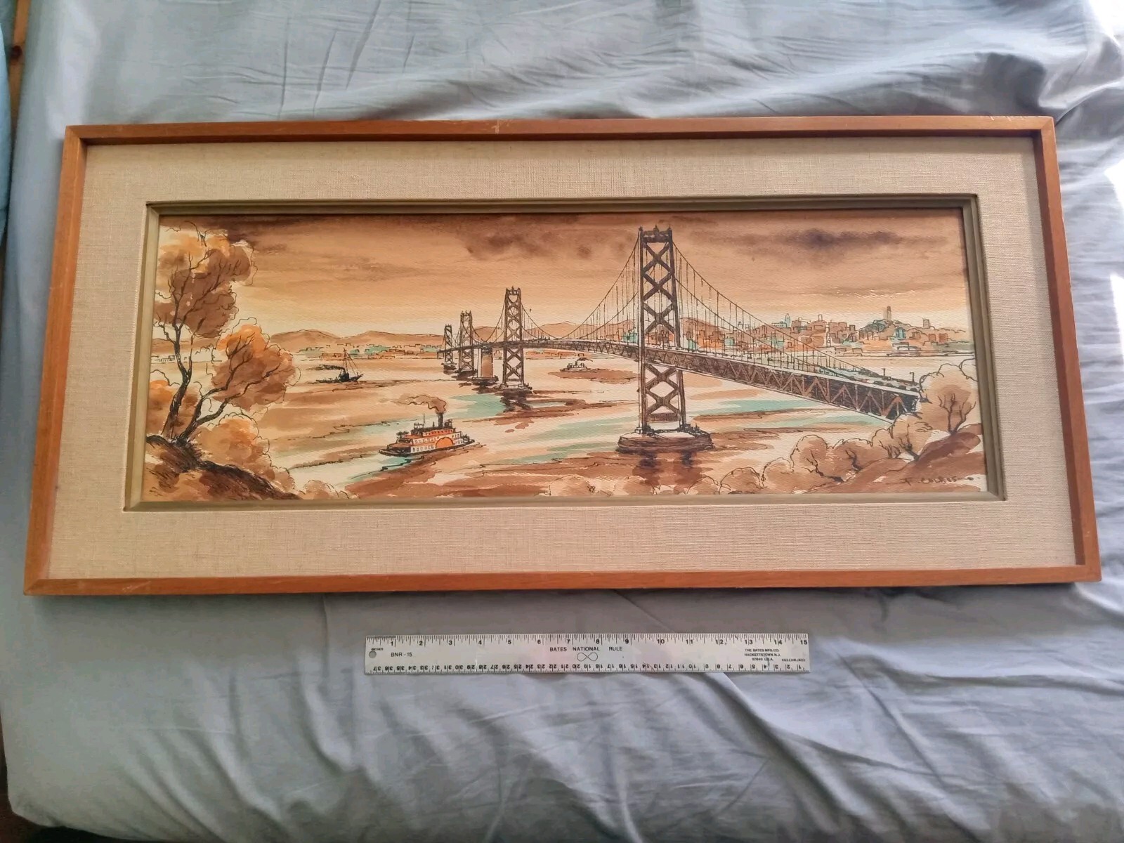 Frederick Colbus Painting 1940s San Francisco Bay Bridge Large Seascape 1970s