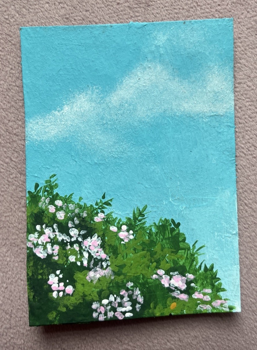 ACEO Art Card Original Painting, Rose Garden Landscape, 2.5″ x 3.5″