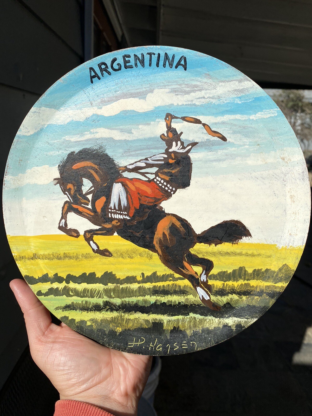 JP Hansen «ARGENTINA» Man & Horse Round painting on wood 9.5 In