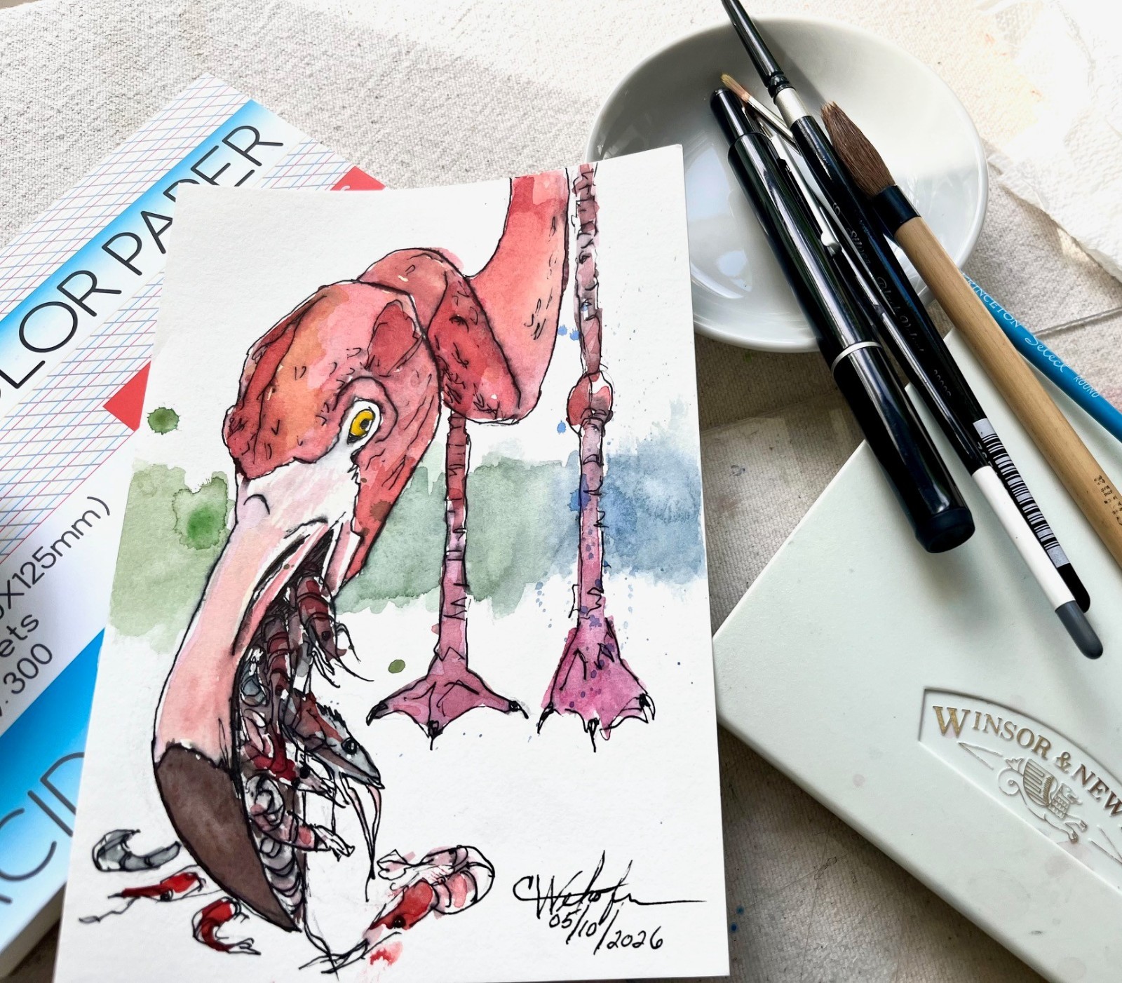 ORIGINAL Art Flamingo Ink and Wash Painting – Surreal Nature, Signed 7×5″ Phoebe