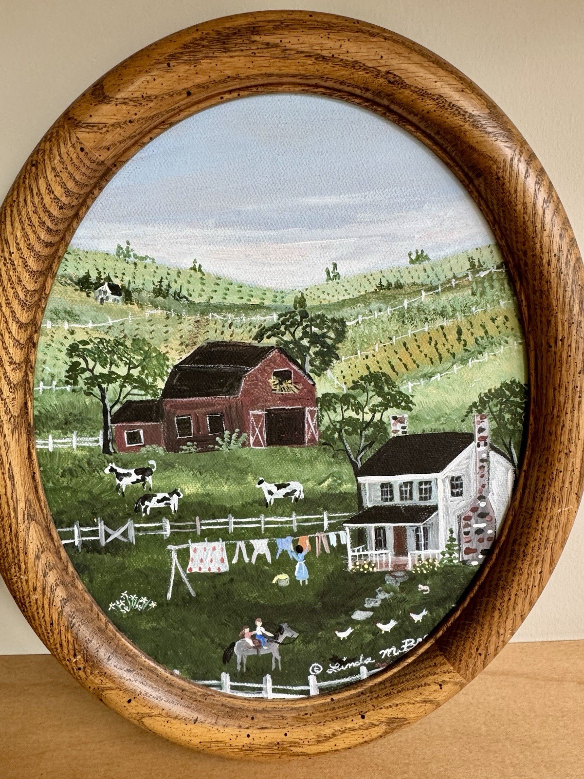 Vtg. Set Of 2 Oval Original Oil Paintings Barn Farm Life Scene Signed By Artist