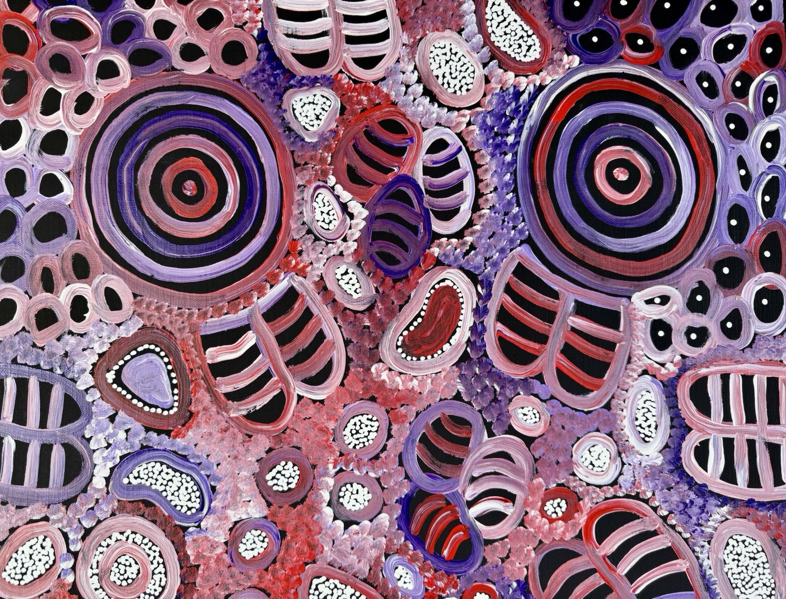 Dulcie Long Pula. Authentic Aboriginal Art. Incl, COA, Photo’s.size 100 x 50cm