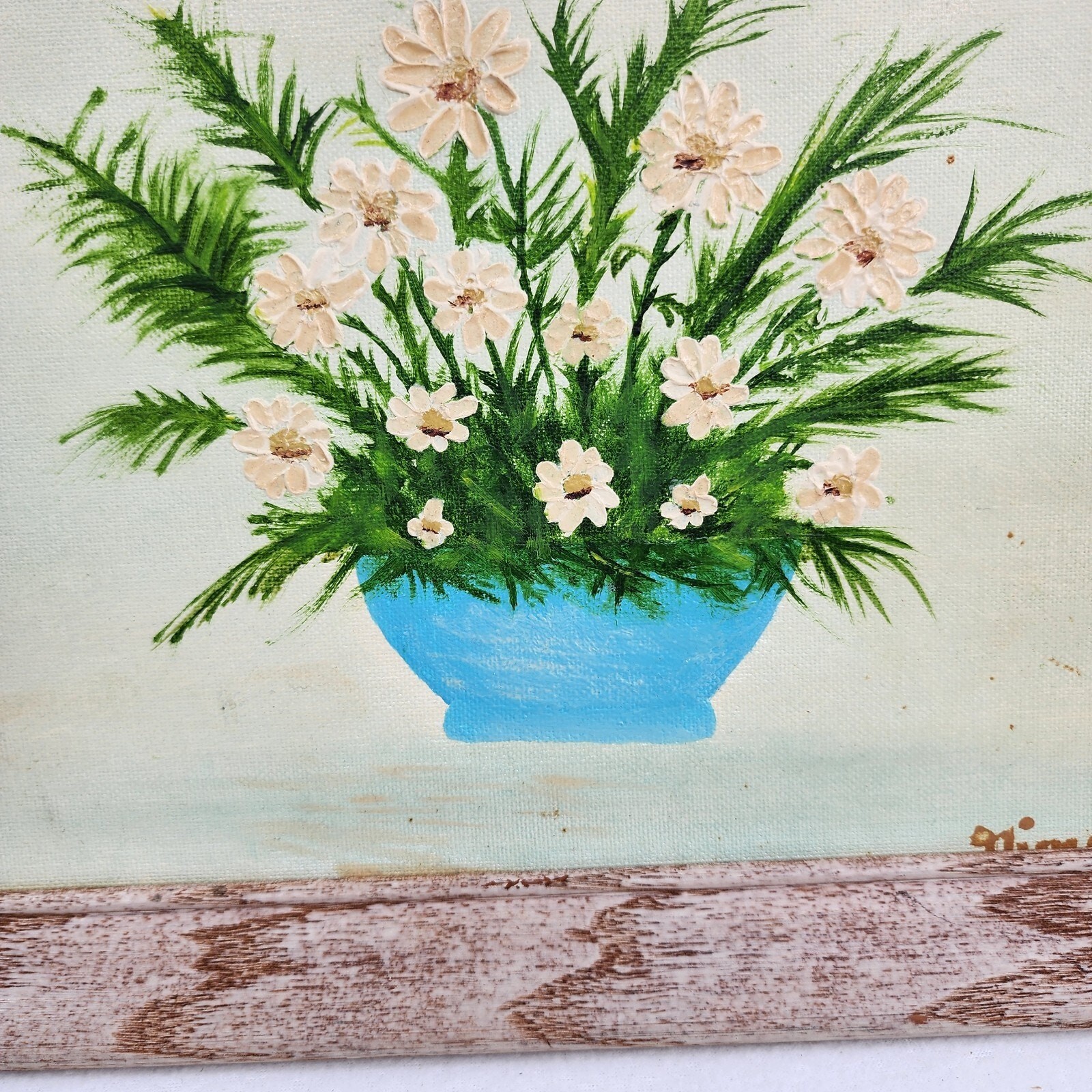 Original Oil Acrylic Painting Green Floral Flowers White Daisy Shabby 14×11 Fram