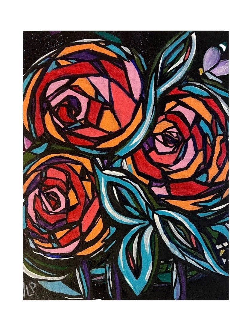 Original 8×10” Abstract Cubist Multicolor Rose Floral Acrylic Canvas Panel VLP