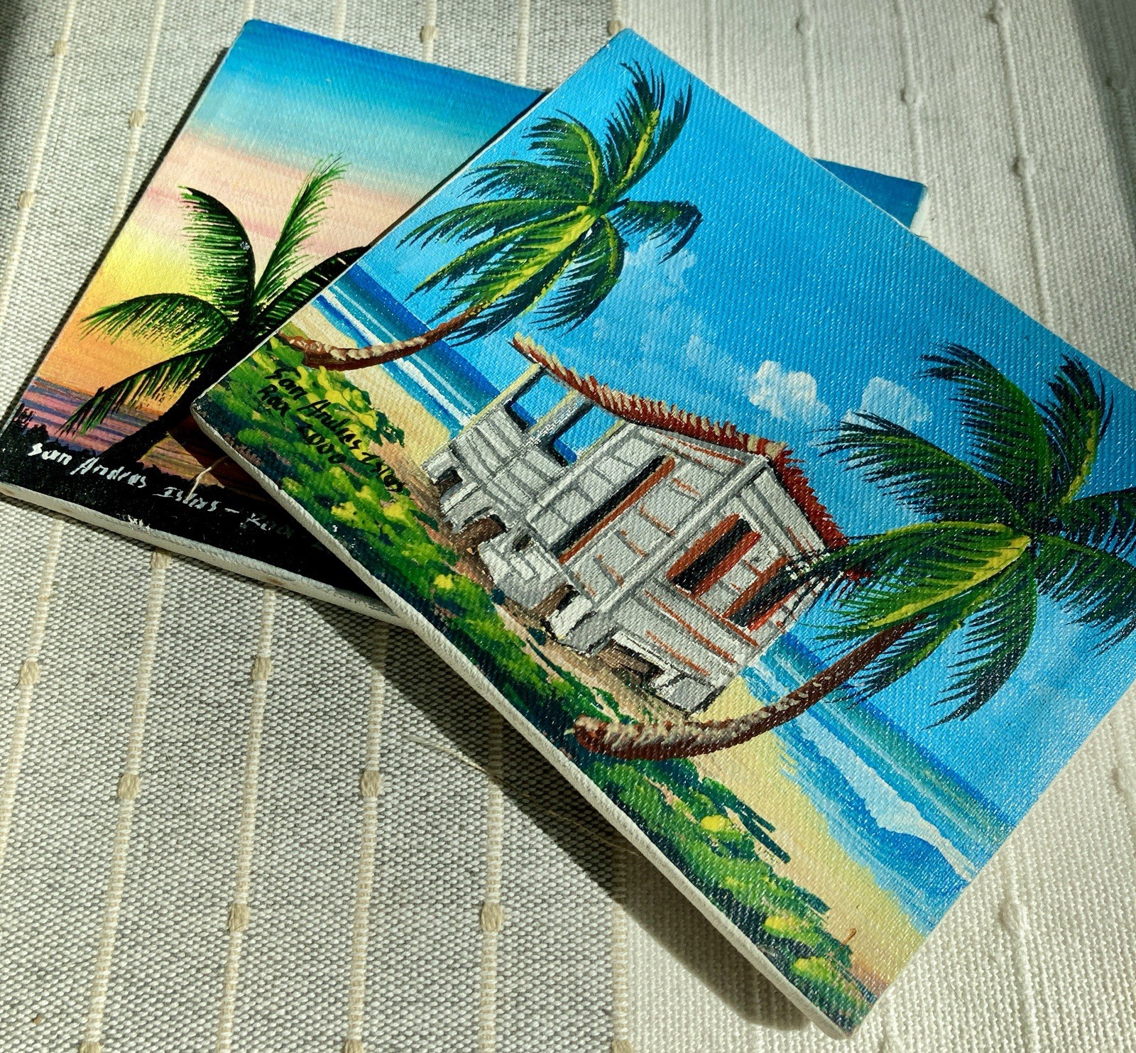VTG Miniature Painting Lot Beach Palm Trees Ocean Wall Art Signed San Andres
