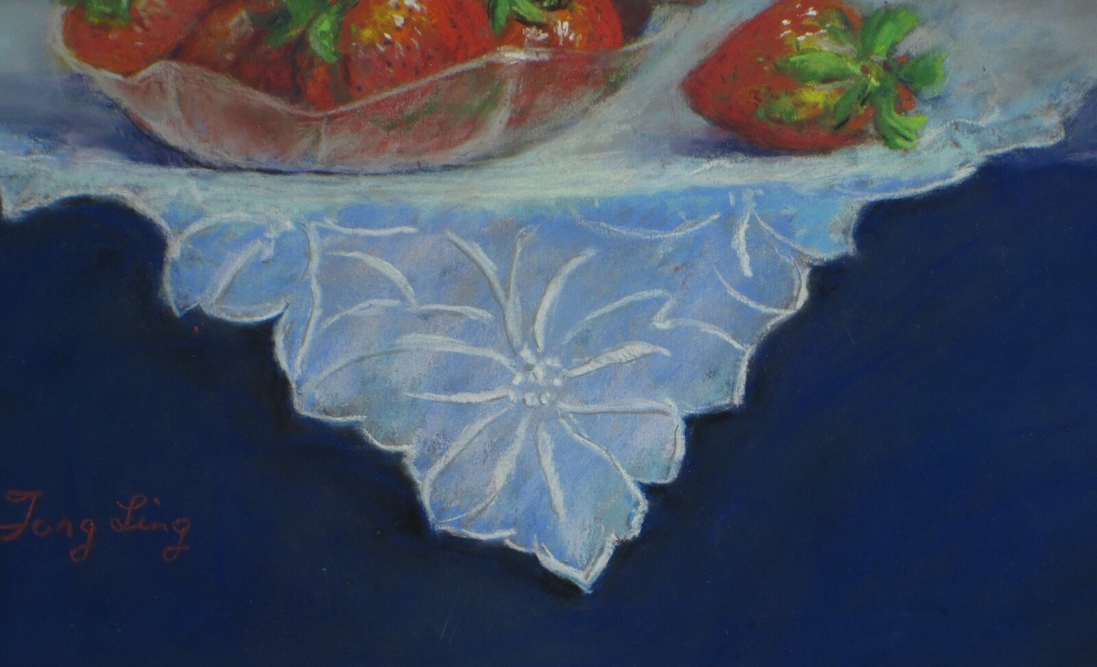 Fong Ling Pastel Painting Drawing Strawberries in Bowl Framed 19 W 16-1/2in Tall